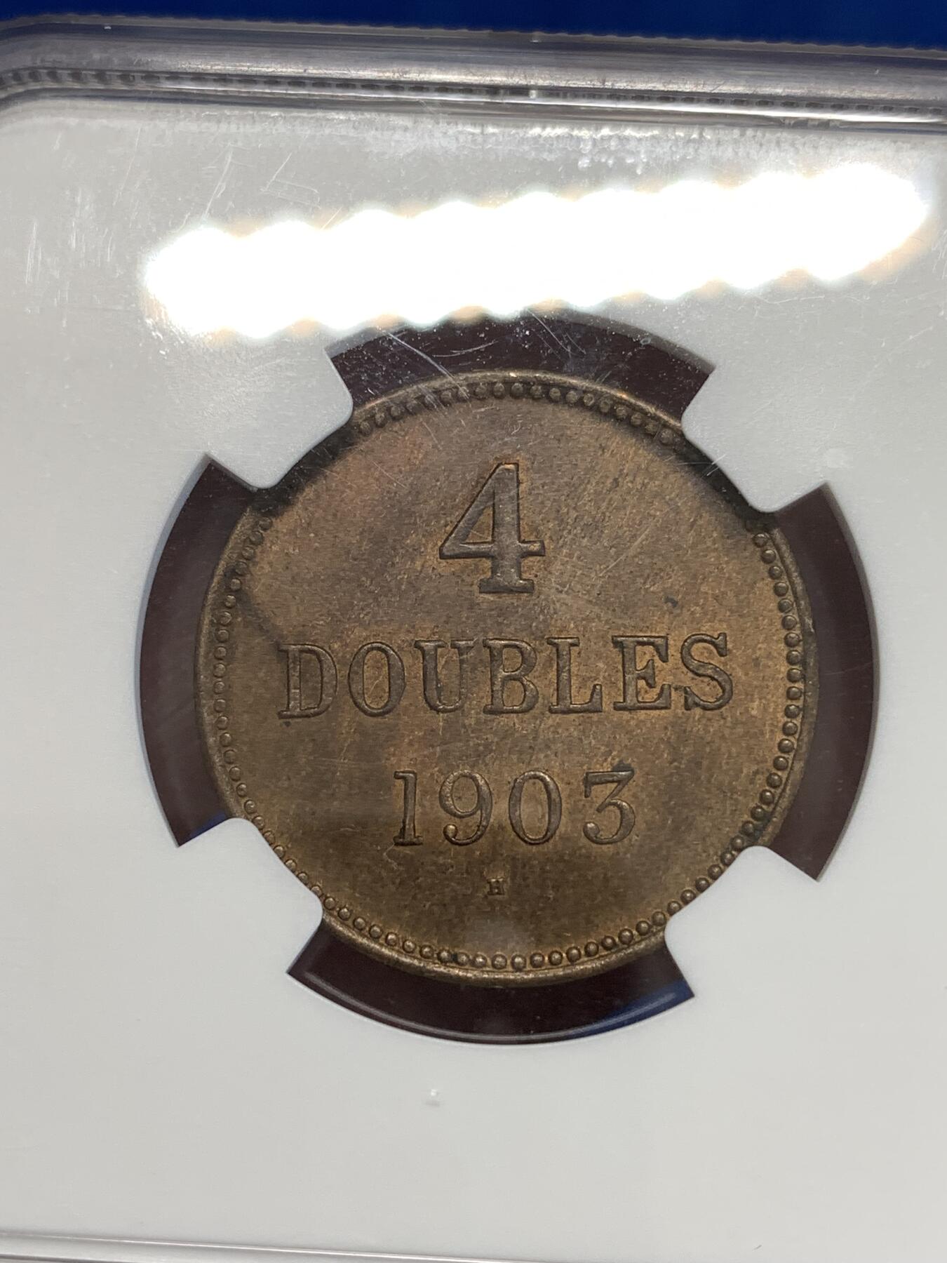 《竞宝斋》第288场-周六， 周日，周一 3场连拍 （全场包邮） NGC MS64RB 英属根西1903年4道布铜币 铜光醇厚 打制深峻 冠军分