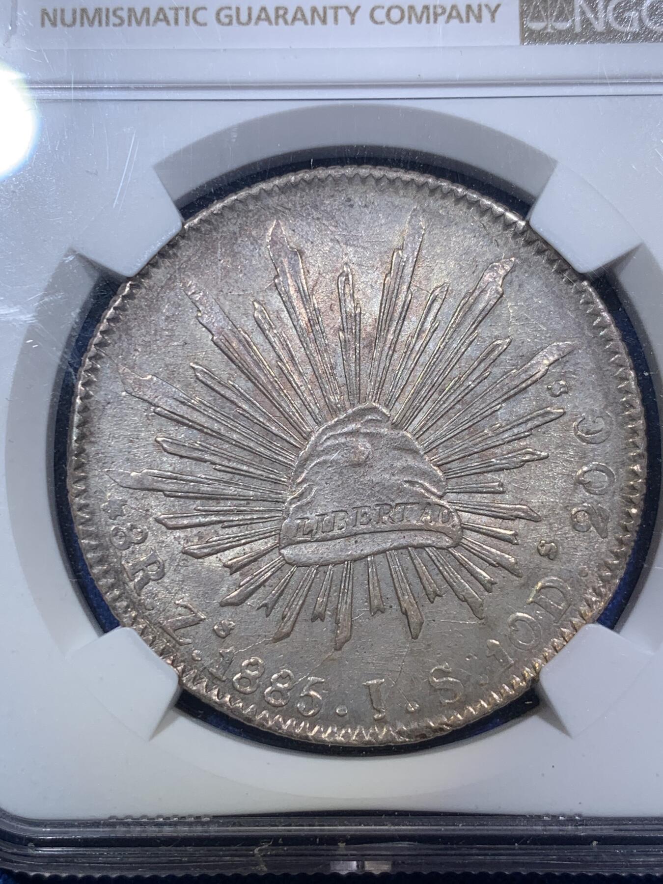 《竞宝斋》第288场-周六， 周日，周一 3场连拍 （全场包邮） NGC MS61 墨西哥1885年花边鹰洋8R 原味淡灰包浆 比白币多几分厚重