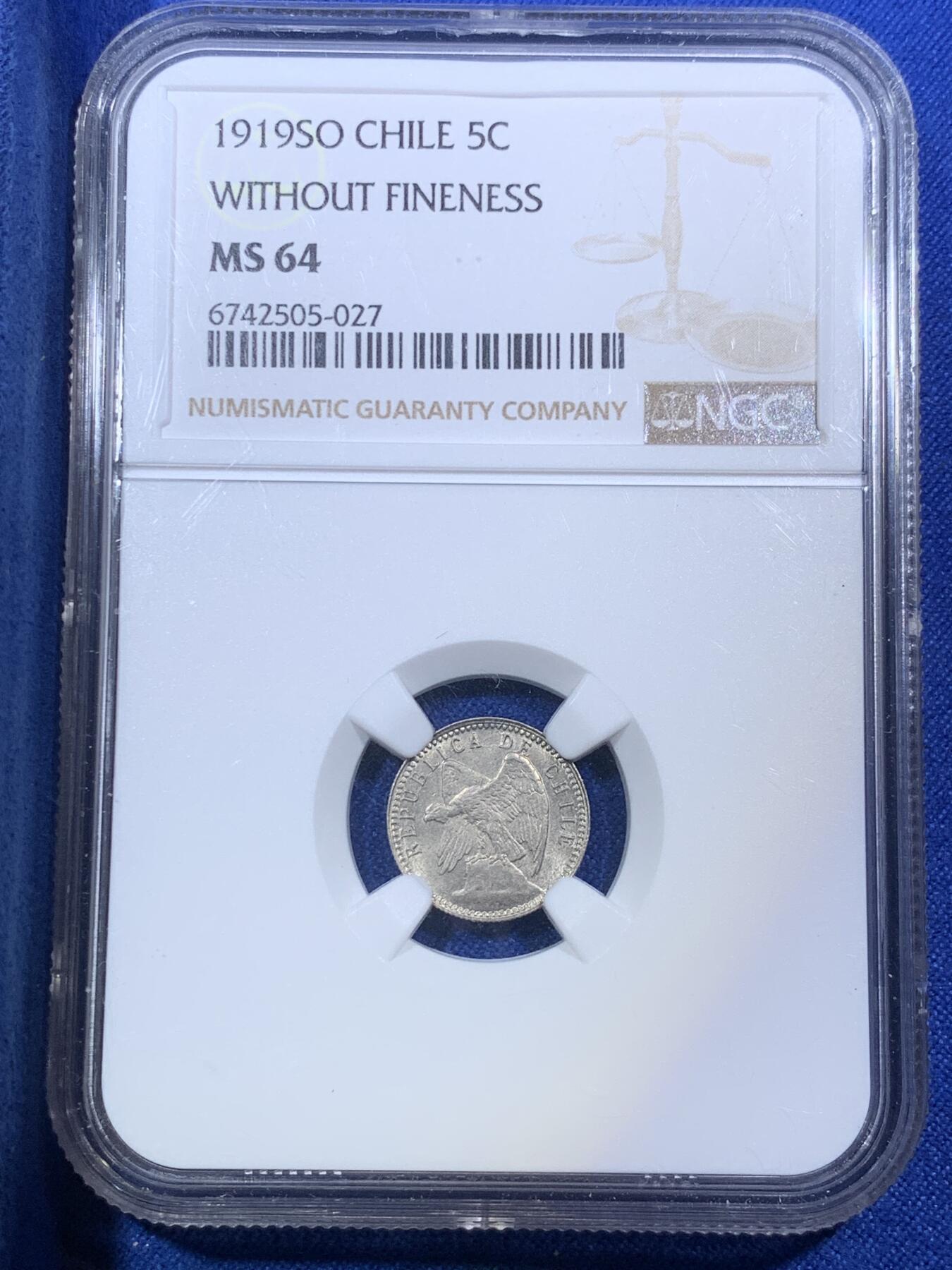 《竞宝斋》第288场-周六， 周日，周一 3场连拍 （全场包邮） NGC MS64 智利 1919年SO 5分 银币 模具裂 高分少