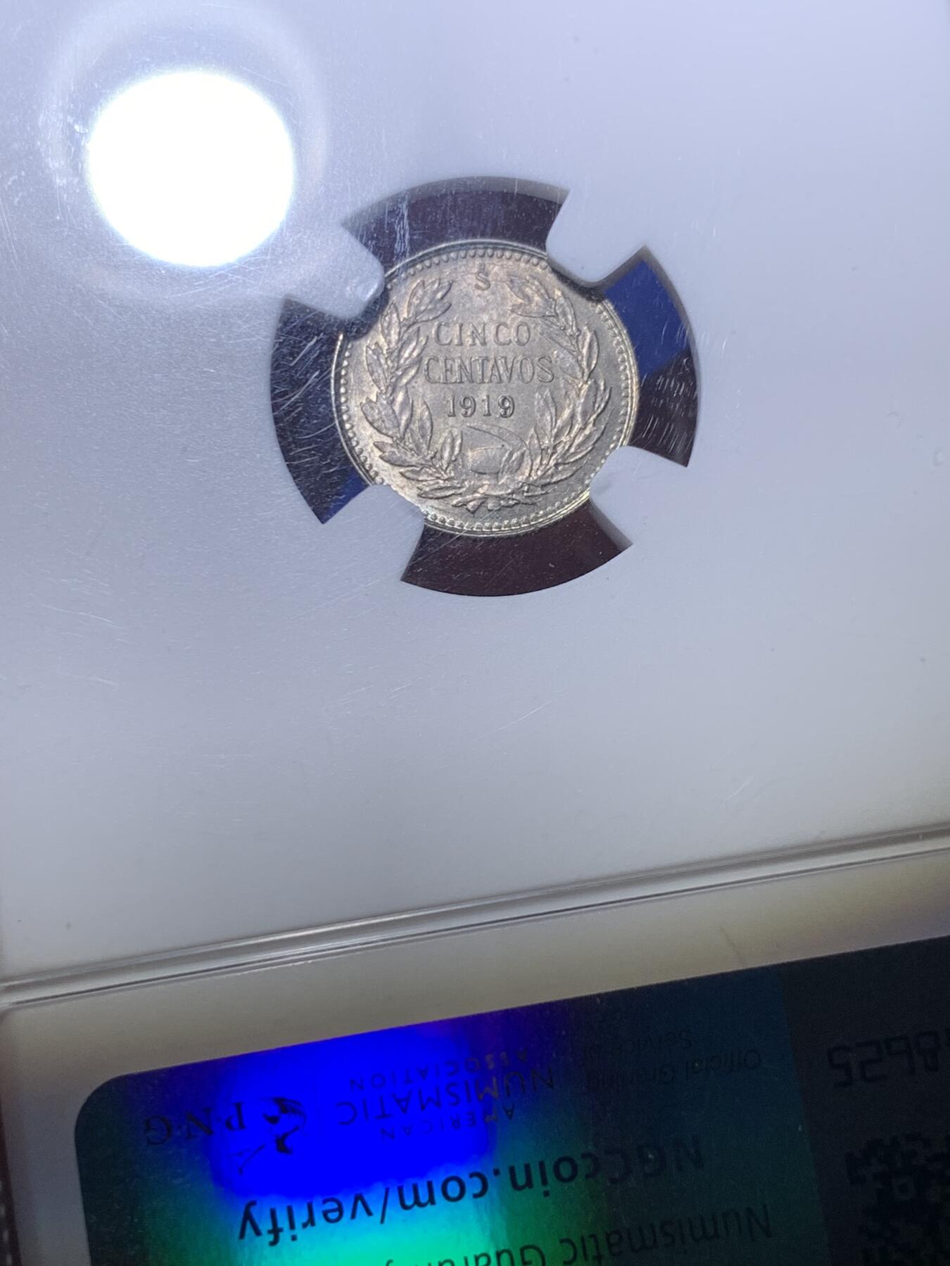 《竞宝斋》第288场-周六， 周日，周一 3场连拍 （全场包邮） NGC MS64 智利 1919年SO 5分 银币 模具裂 高分少