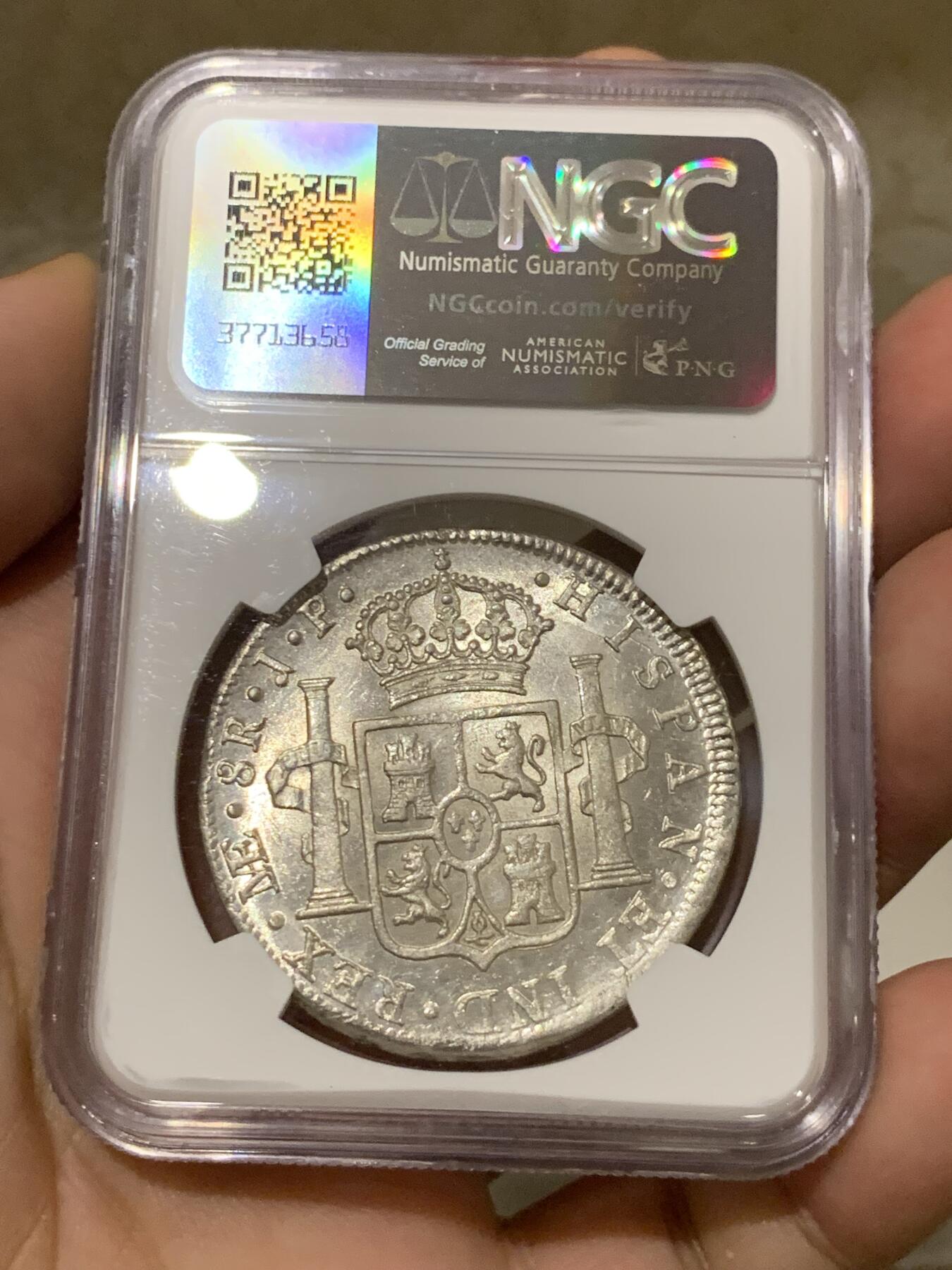 《竞宝斋》第288场-周六， 周日，周一 3场连拍 （全场包邮） NGC MS62+ 1805年秘鲁卡四双柱大银币 全镜面银霜车轮光 观感极佳 只有2枚得到了+号的分数 少见的秘鲁厂非墨西哥