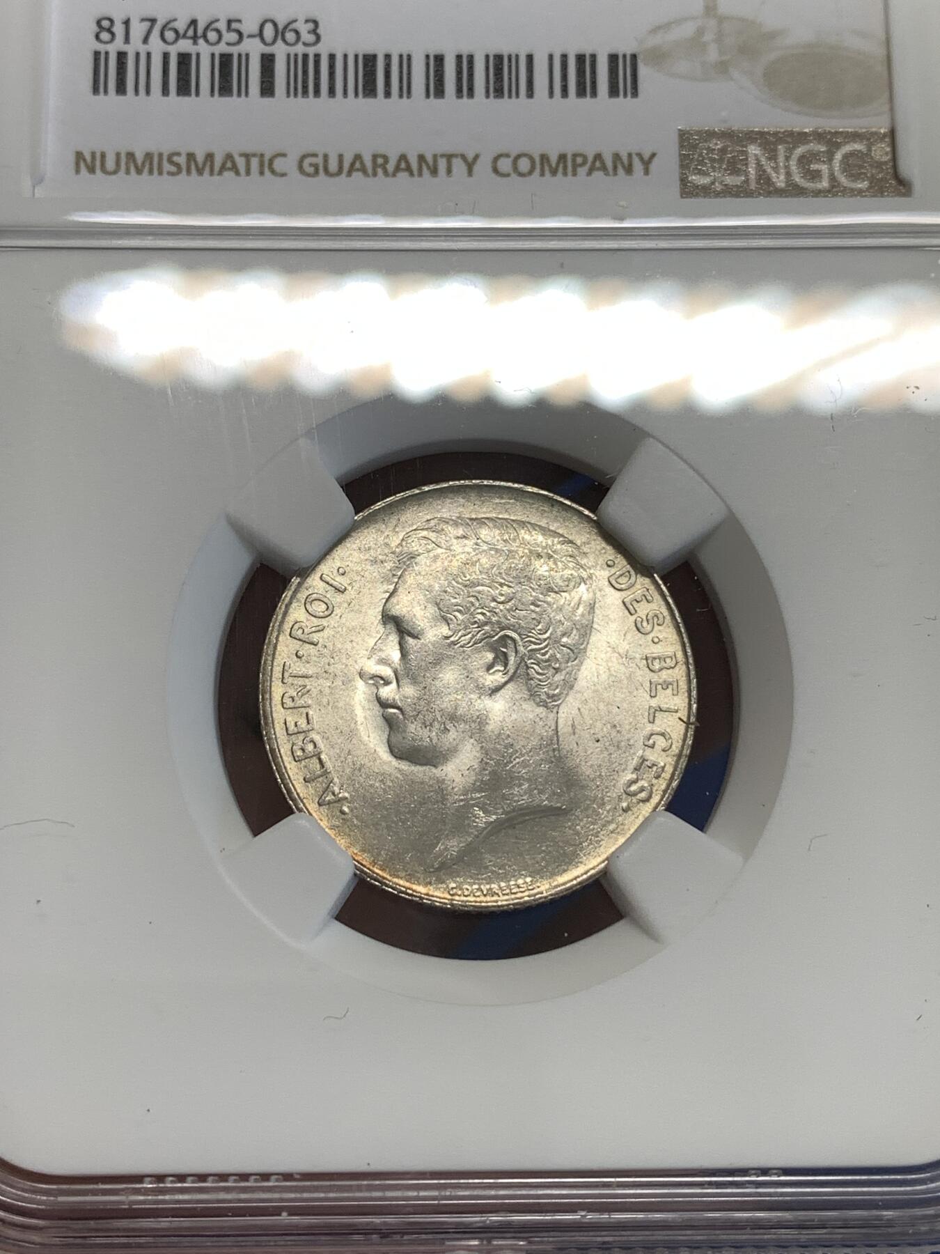 《竞宝斋》第288场-周六， 周日，周一 3场连拍 （全场包邮） NGC MS62 比利时 1914年 阿尔贝托国王 1法郎 银币