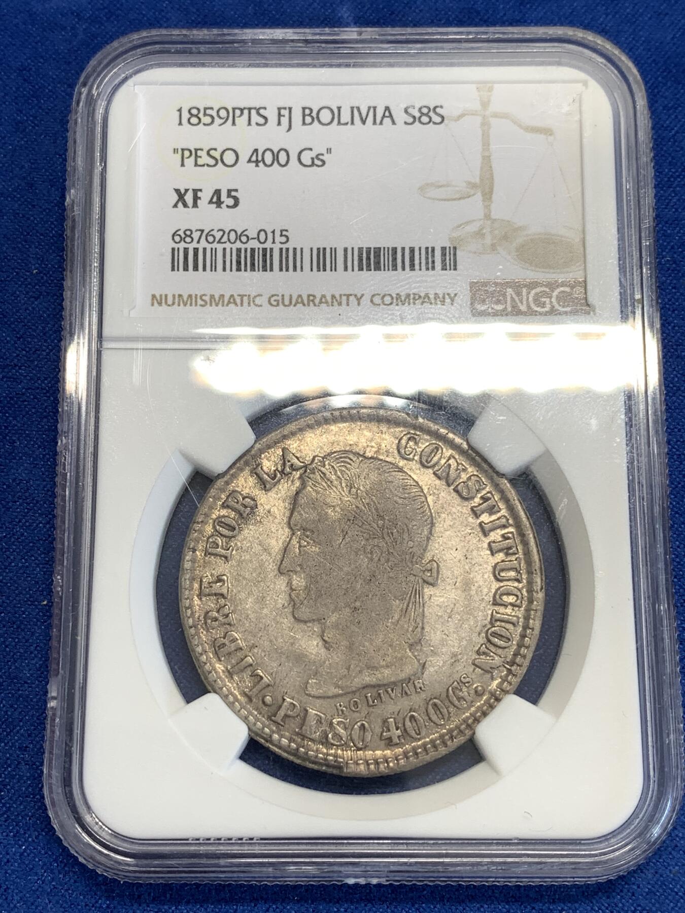 《竞宝斋》第288场-周六， 周日，周一 3场连拍 （全场包邮） NGC XF45 玻利维亚1859年玻利瓦尔头像8索尔银币