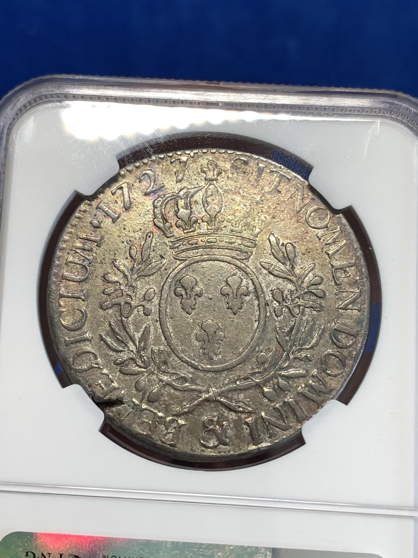 《竞宝斋》第288场-周六， 周日，周一 3场连拍 （全场包邮） NGC VF30 法国1727年路易十五埃居大银 金彩包浆 唯一冠军分