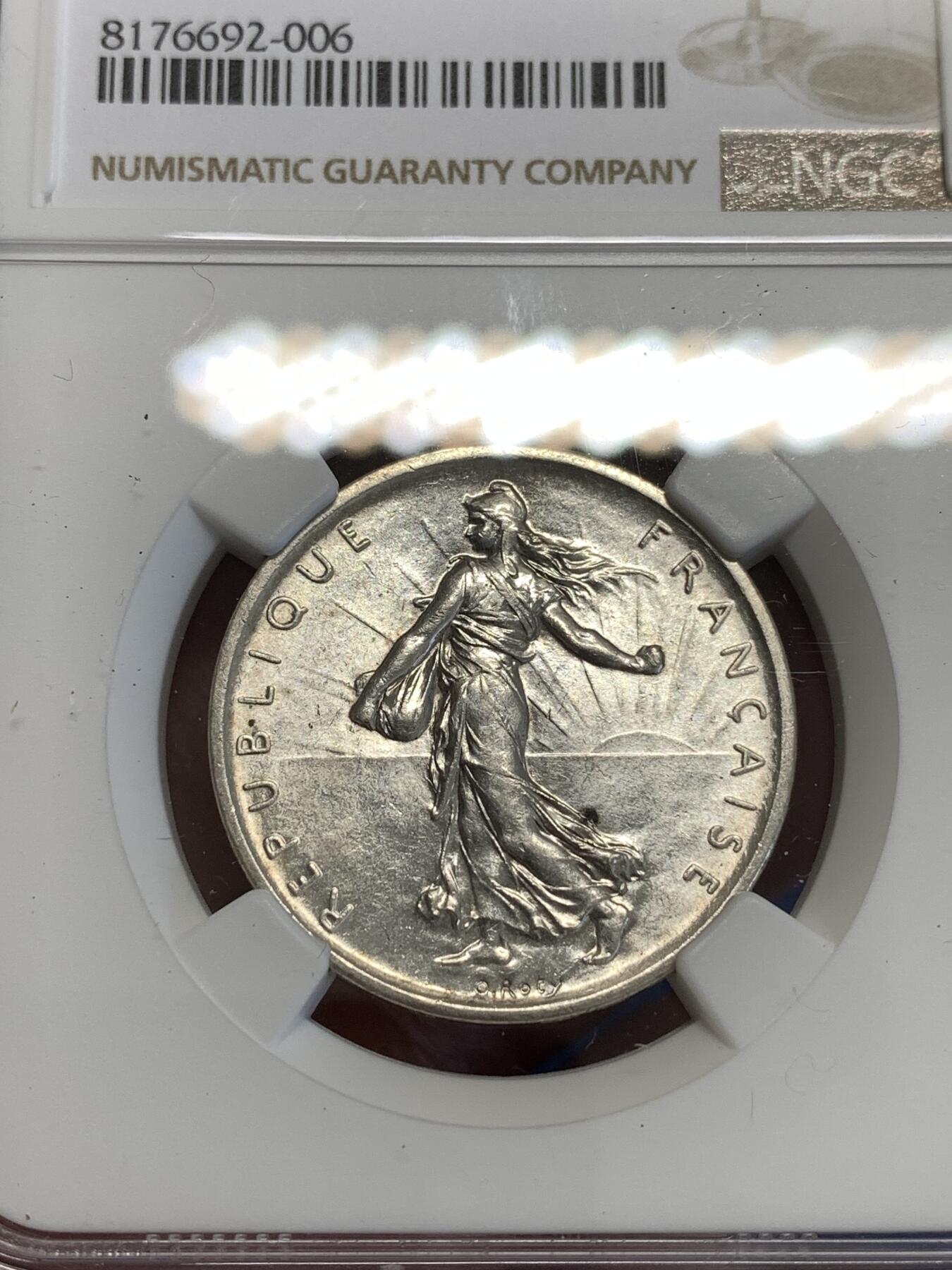 《竞宝斋》第288场-周六， 周日，周一 3场连拍 （全场包邮） NGC MS61 1960年法国播种女神5法郎银币