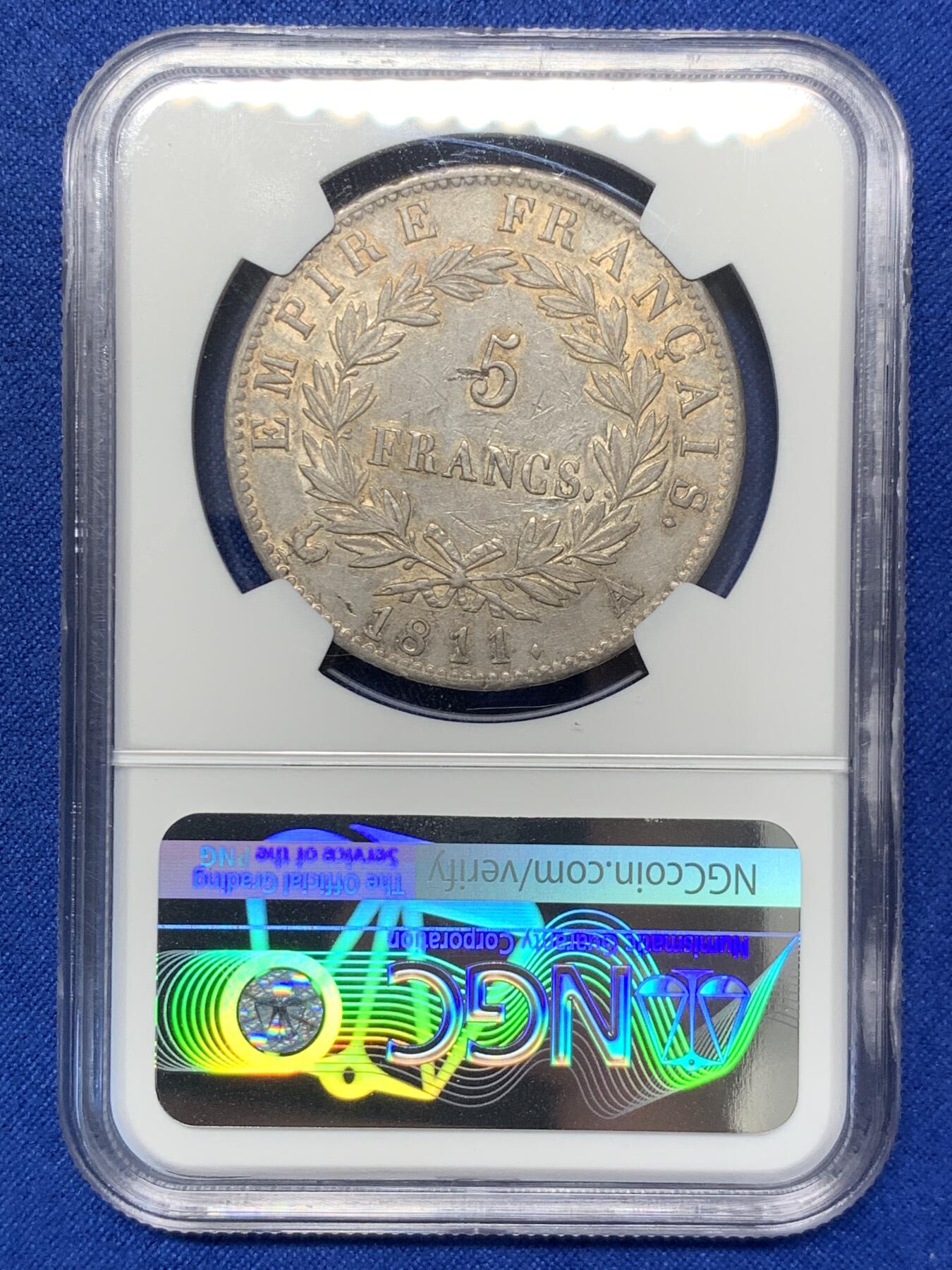 《竞宝斋》第288场-周六， 周日，周一 3场连拍 （全场包邮） NGC AU55 法国 拿破仑一世 1811年 5法郎银币 双面深打带光 包浆也不错