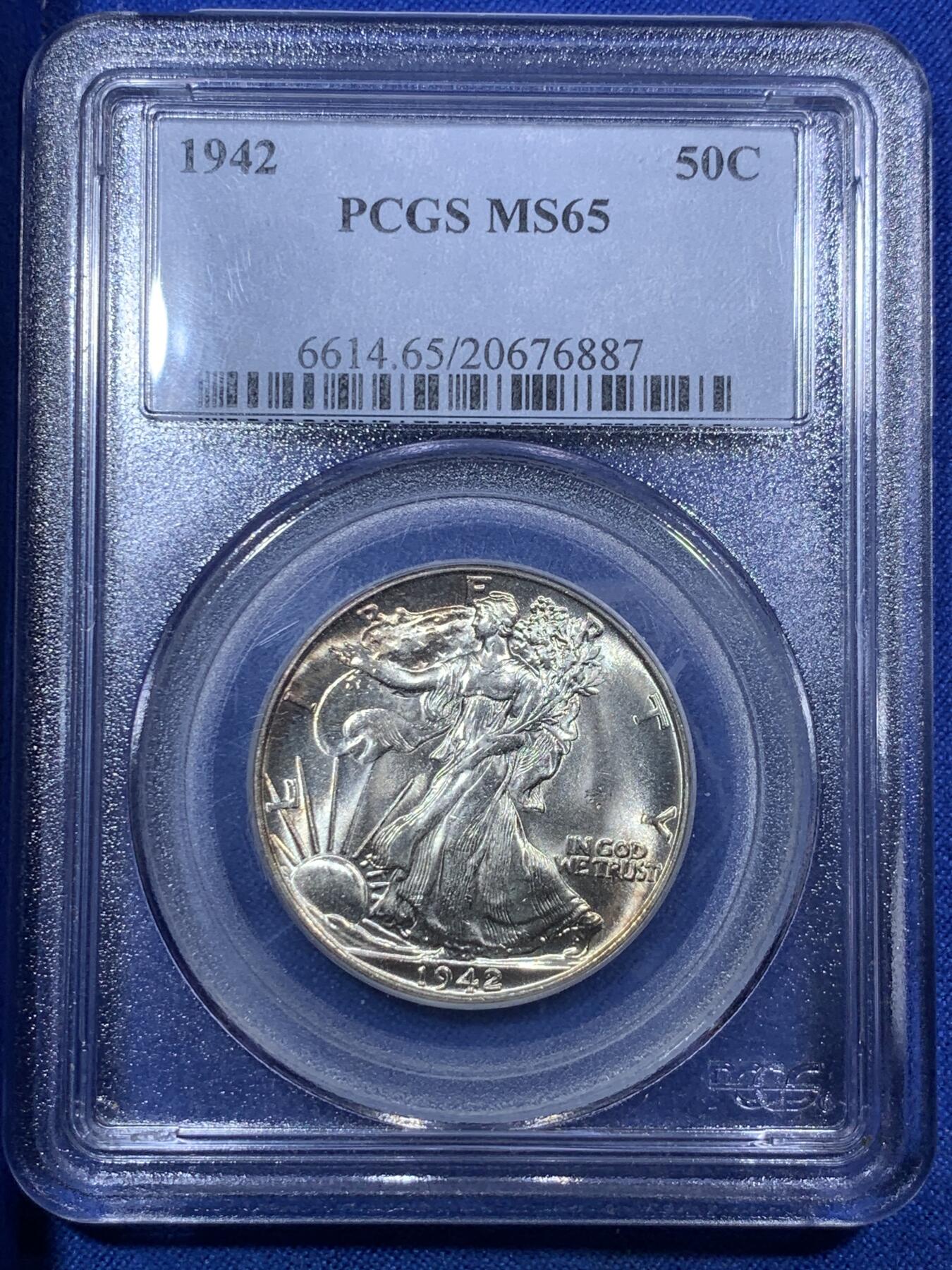 《竞宝斋》第288场-周六， 周日，周一 3场连拍 （全场包邮） PCGS MS65 美国1942年行走女神50美分 原味包浆 转光清晰状态好