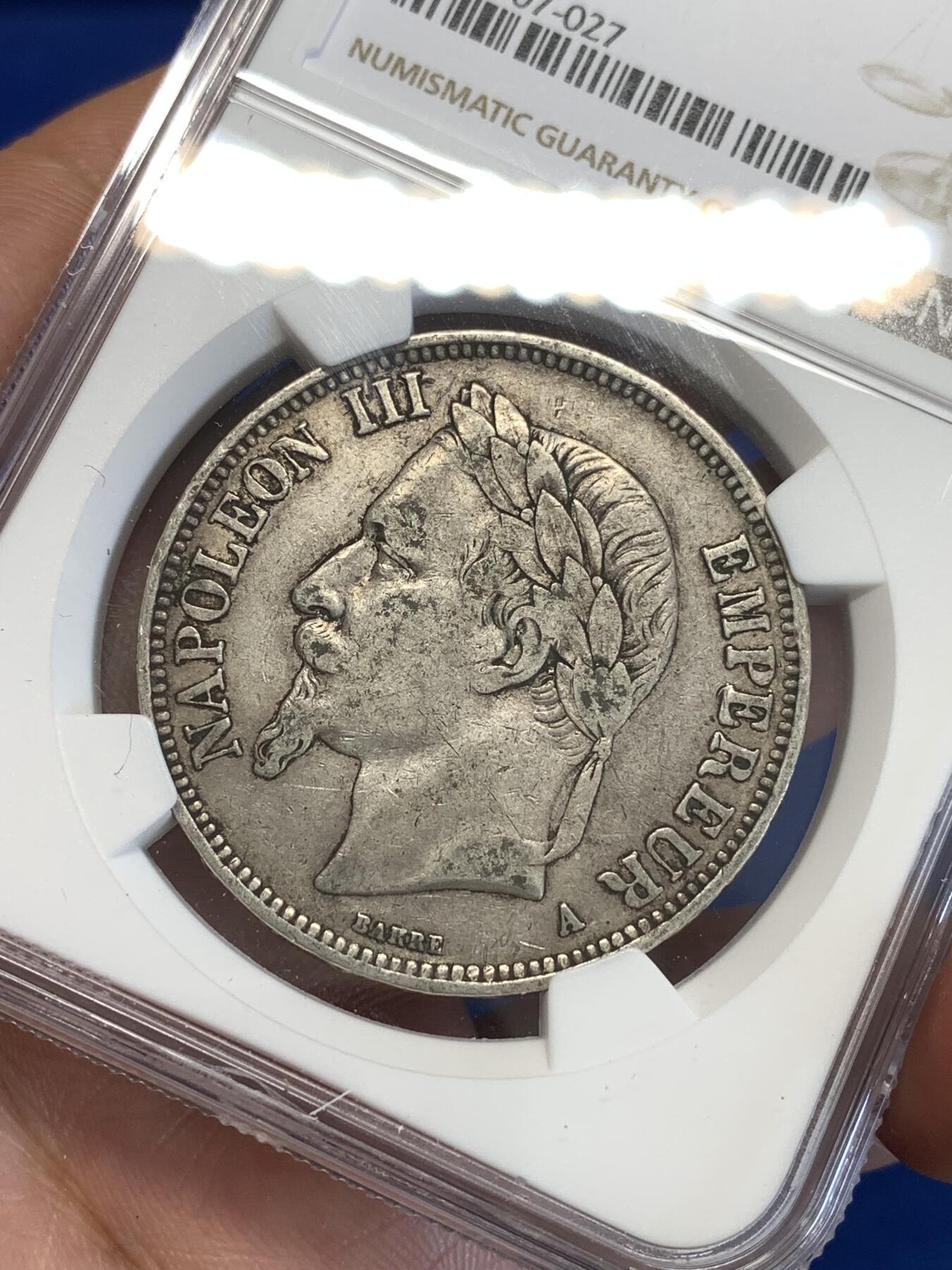 《竞宝斋》第288场-周六， 周日，周一 3场连拍 （全场包邮） NGC XF45 法国 1869年A版 拿破仑三世 5法郎银币