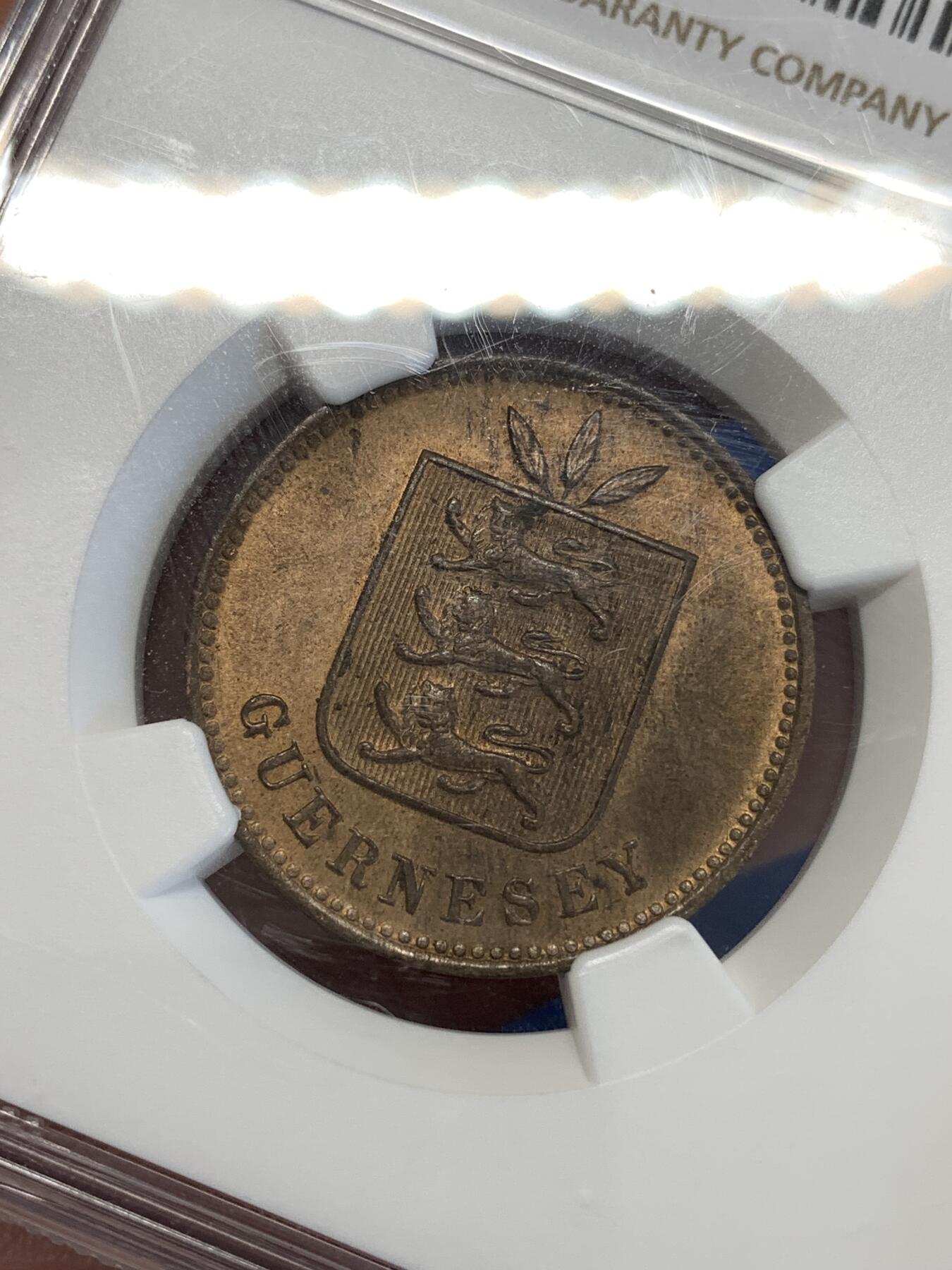 《竞宝斋》第288场-周六， 周日，周一 3场连拍 （全场包邮） NGC MS64RB 英属根西1903年4道布铜币 铜光醇厚 打制深峻 冠军分