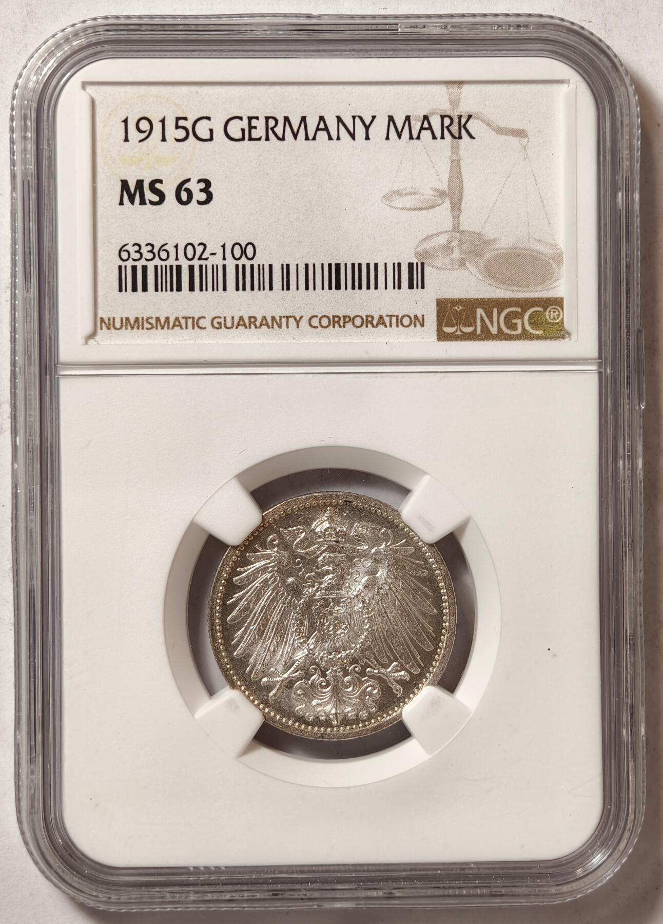 紫瑗钱币——第382期拍卖 德国 1915年 G版 第二帝国 长翅 1马克 银币 NGC MS63