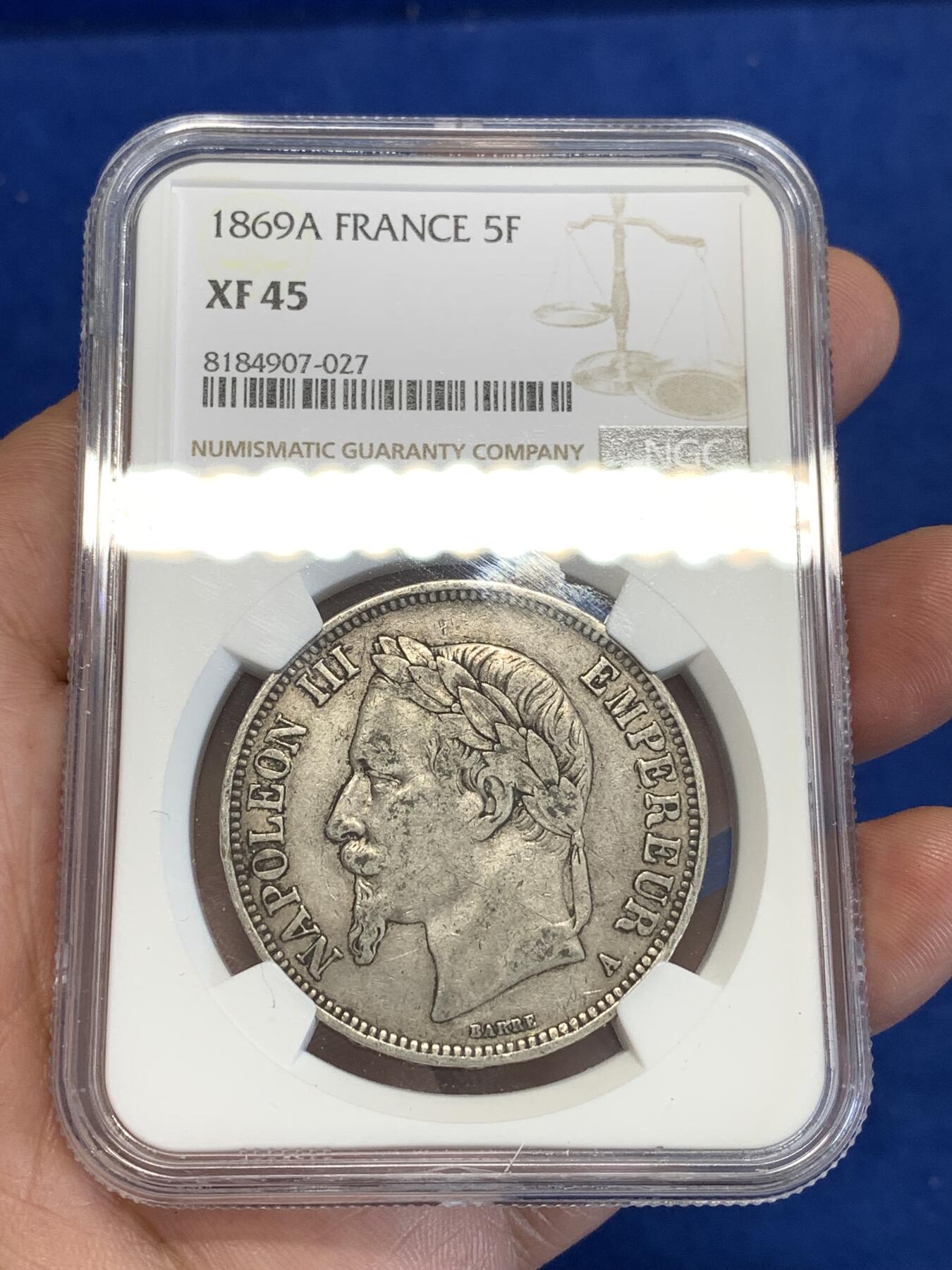 《竞宝斋》第288场-周六， 周日，周一 3场连拍 （全场包邮） NGC XF45 法国 1869年A版 拿破仑三世 5法郎银币