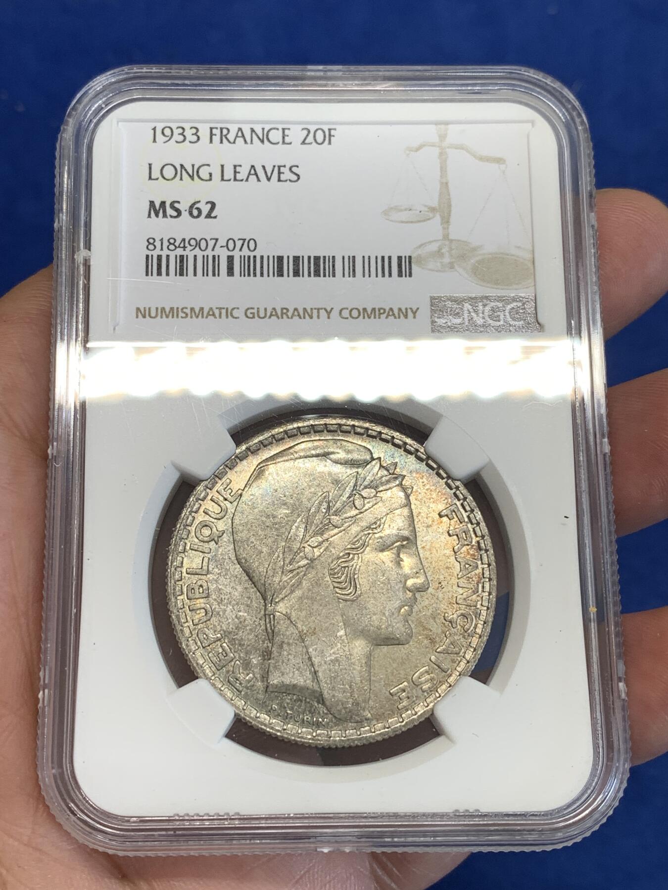《竞宝斋》第288场-周六， 周日，周一 3场连拍 （全场包邮） NGC MS62 法国1933年桂冠女神20法郎银币