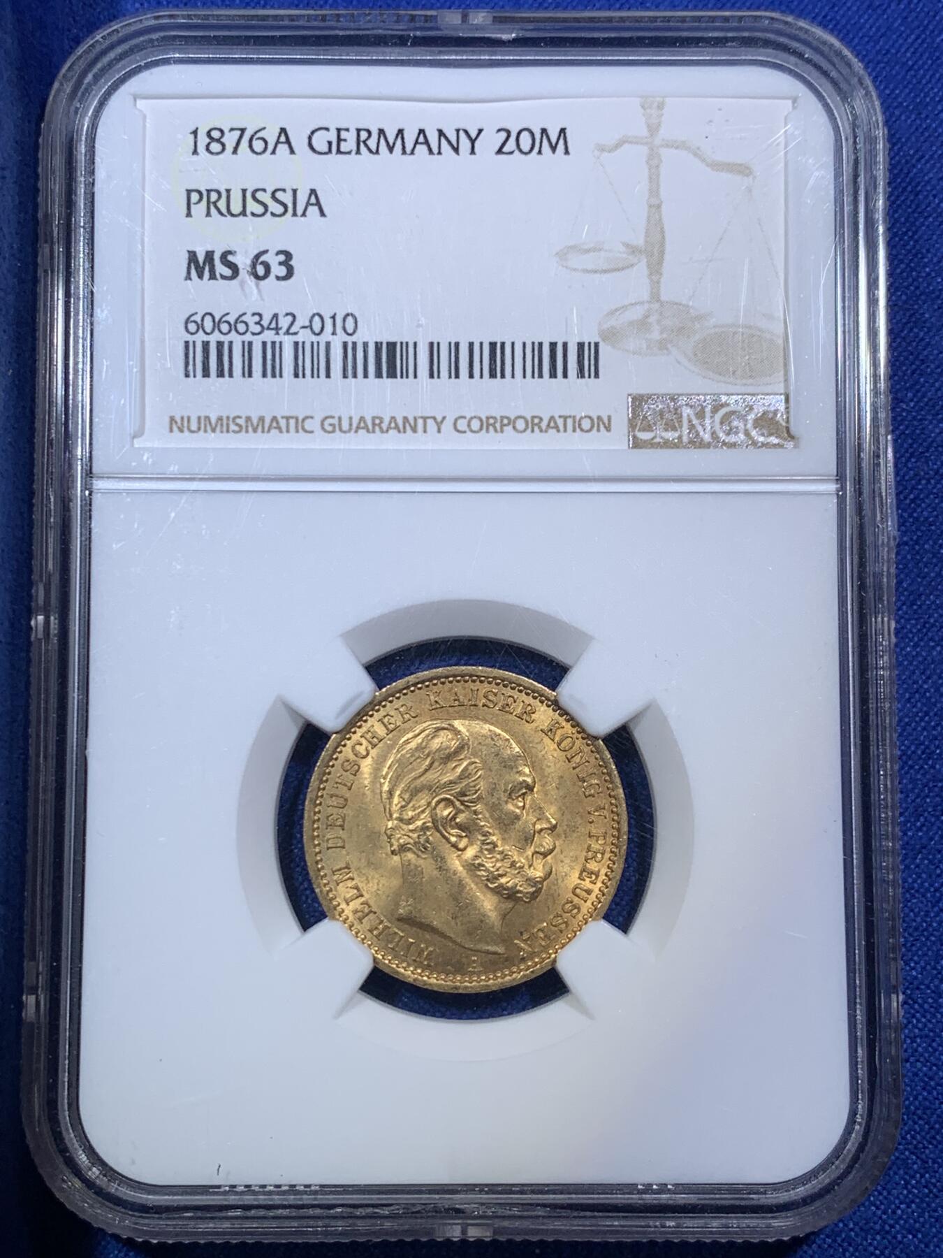 《竞宝斋》第288场-周六， 周日，周一 3场连拍 （全场包邮） NGC MS63 德国普鲁士1876A 威廉一世20马克金币 老威廉短翅好品难寻 NGC亚军分
