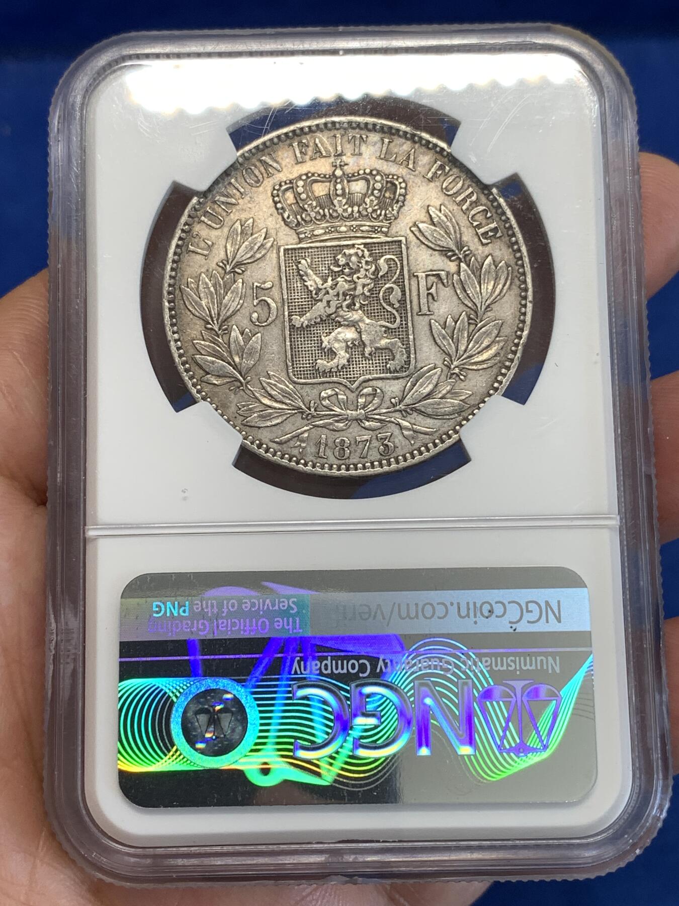 《竞宝斋》第288场-周六， 周日，周一 3场连拍 （全场包邮） NGC AUD 比利时1873年利奥波德二世5法郎银币