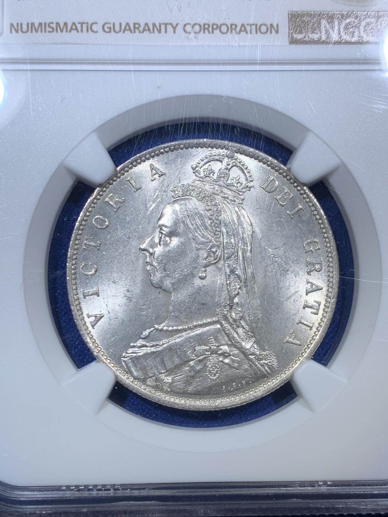 《竞宝斋》第288场-周六， 周日，周一 3场连拍 （全场包邮） NGC MS62+ 英国1887年维多利亚高冠半克朗银币 底板清爽带银霜 背面63分的品质