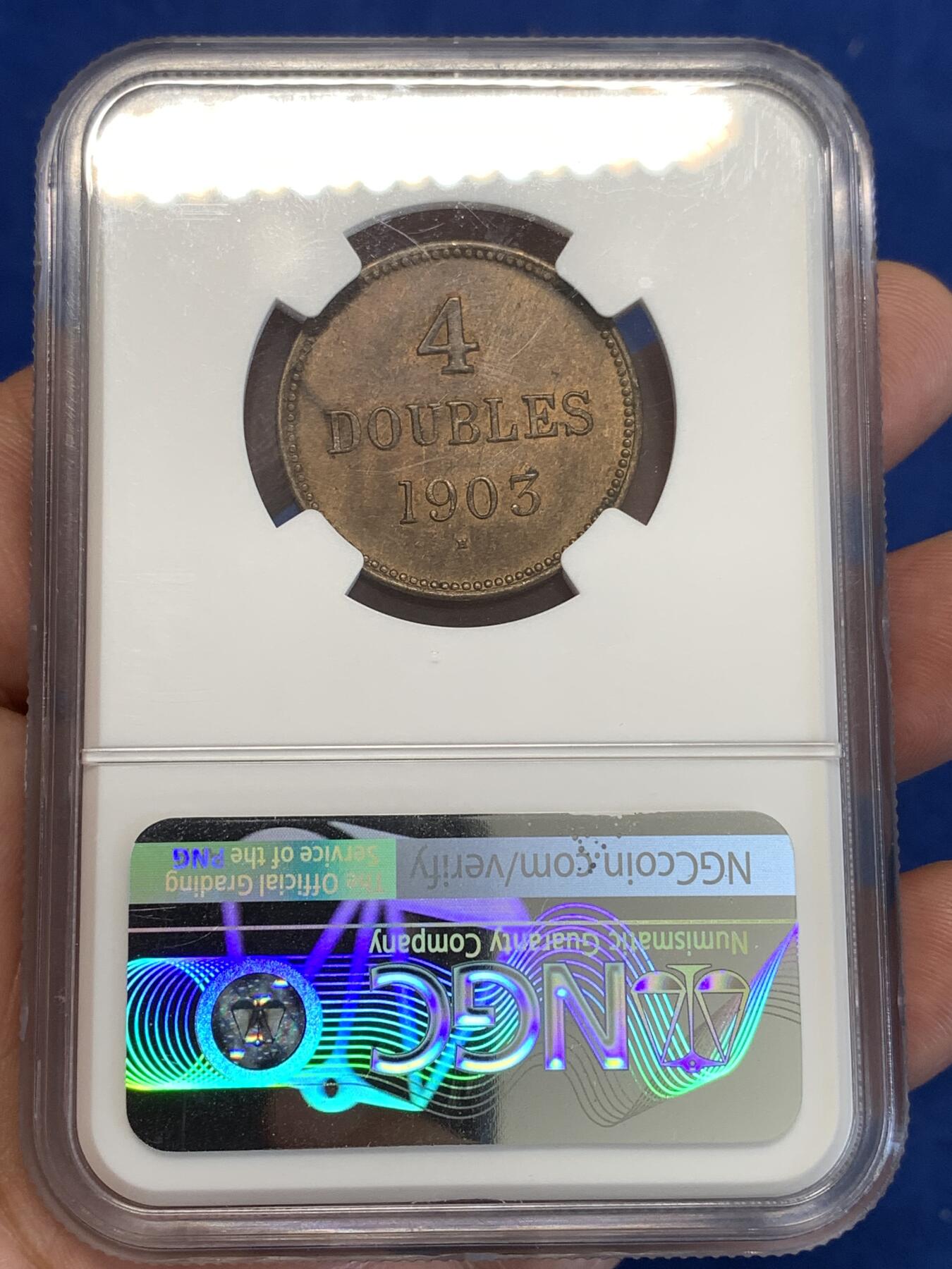 《竞宝斋》第288场-周六， 周日，周一 3场连拍 （全场包邮） NGC MS64RB 英属根西1903年4道布铜币 铜光醇厚 打制深峻 冠军分