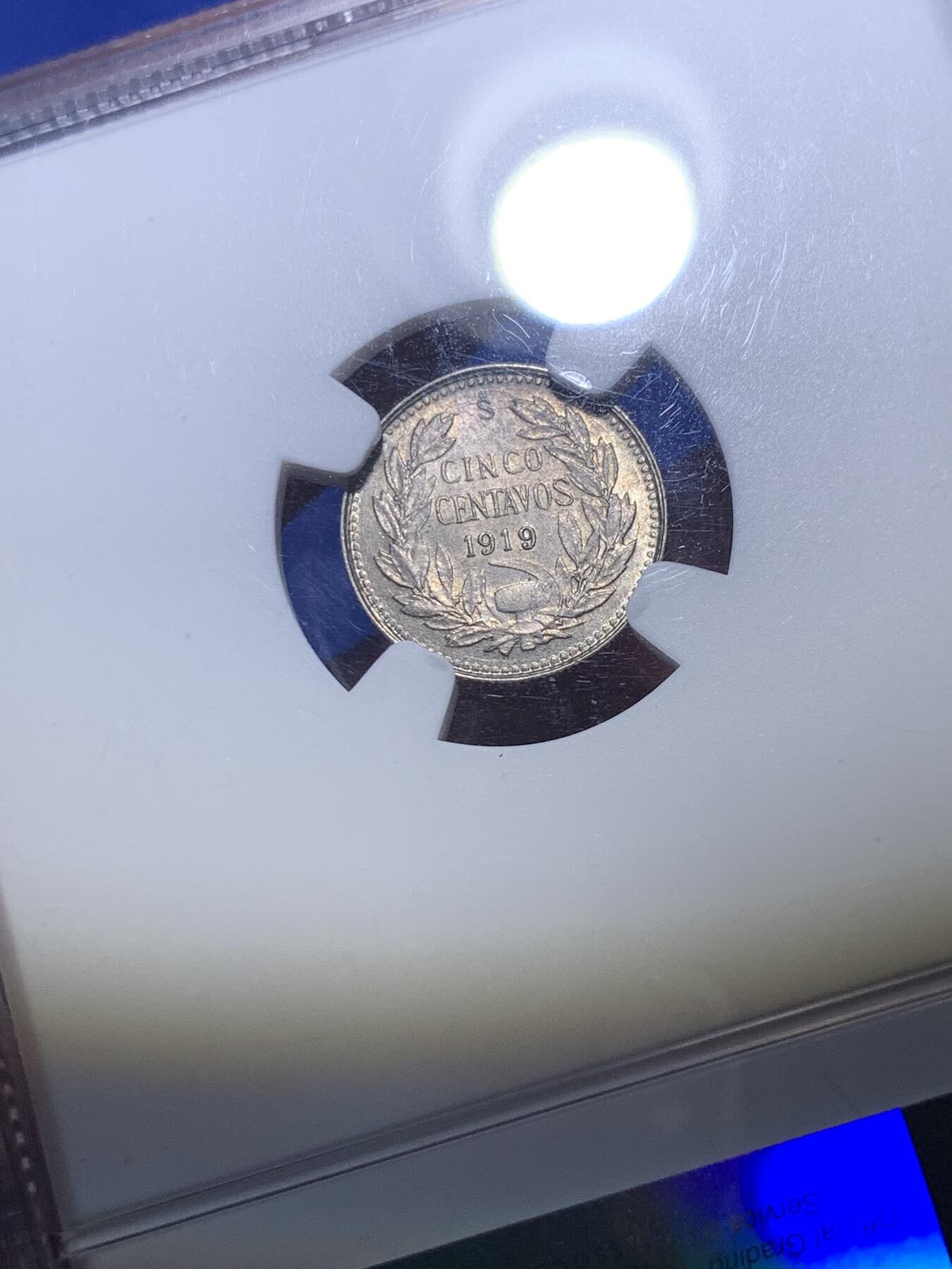 《竞宝斋》第288场-周六， 周日，周一 3场连拍 （全场包邮） NGC MS64 智利 1919年SO 5分 银币 模具裂 高分少