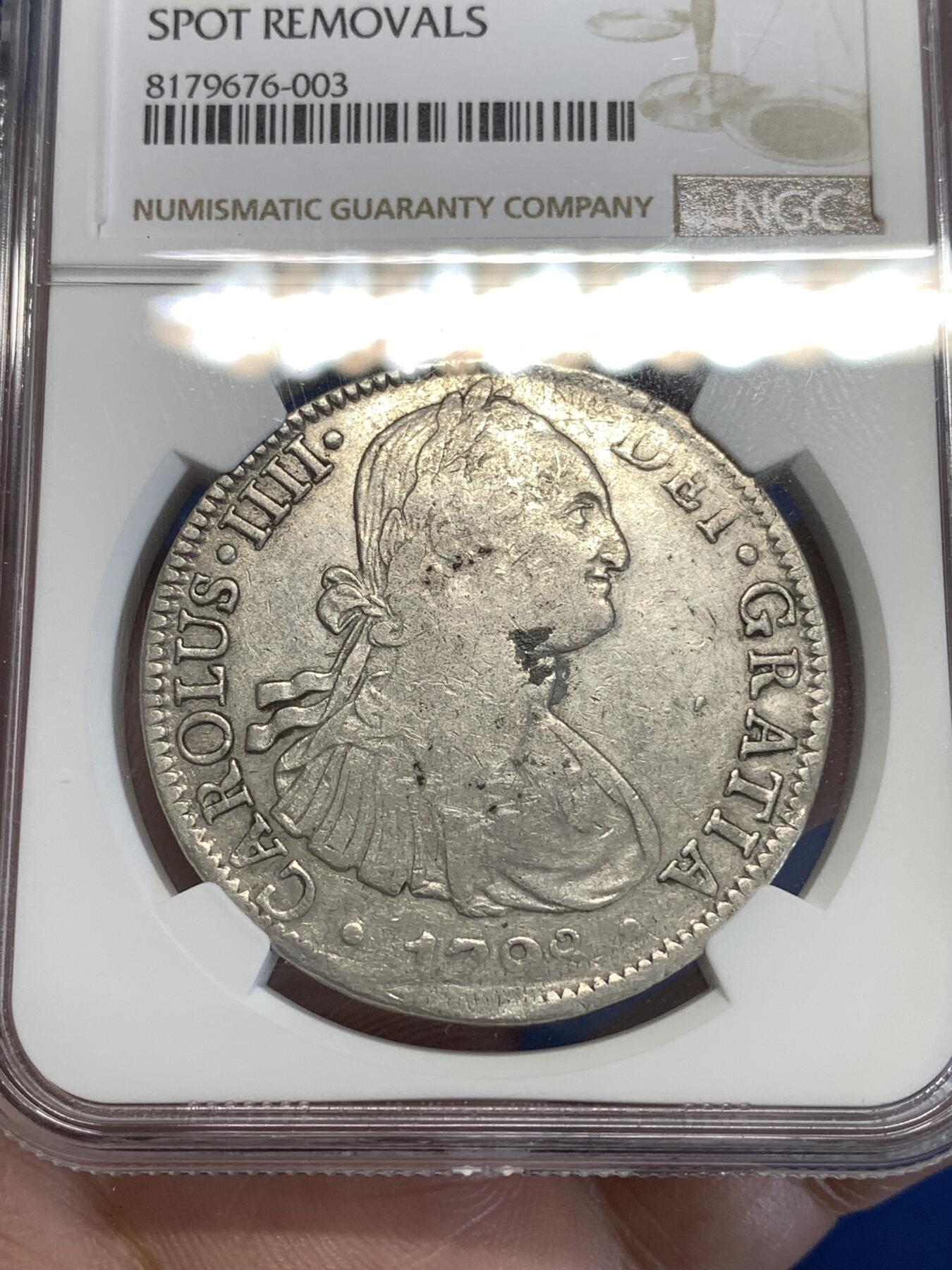 《竞宝斋》第288场-周六， 周日，周一 3场连拍 （全场包邮） NGC VFD 墨西哥1798年卡四双柱8R银币 无戳美品