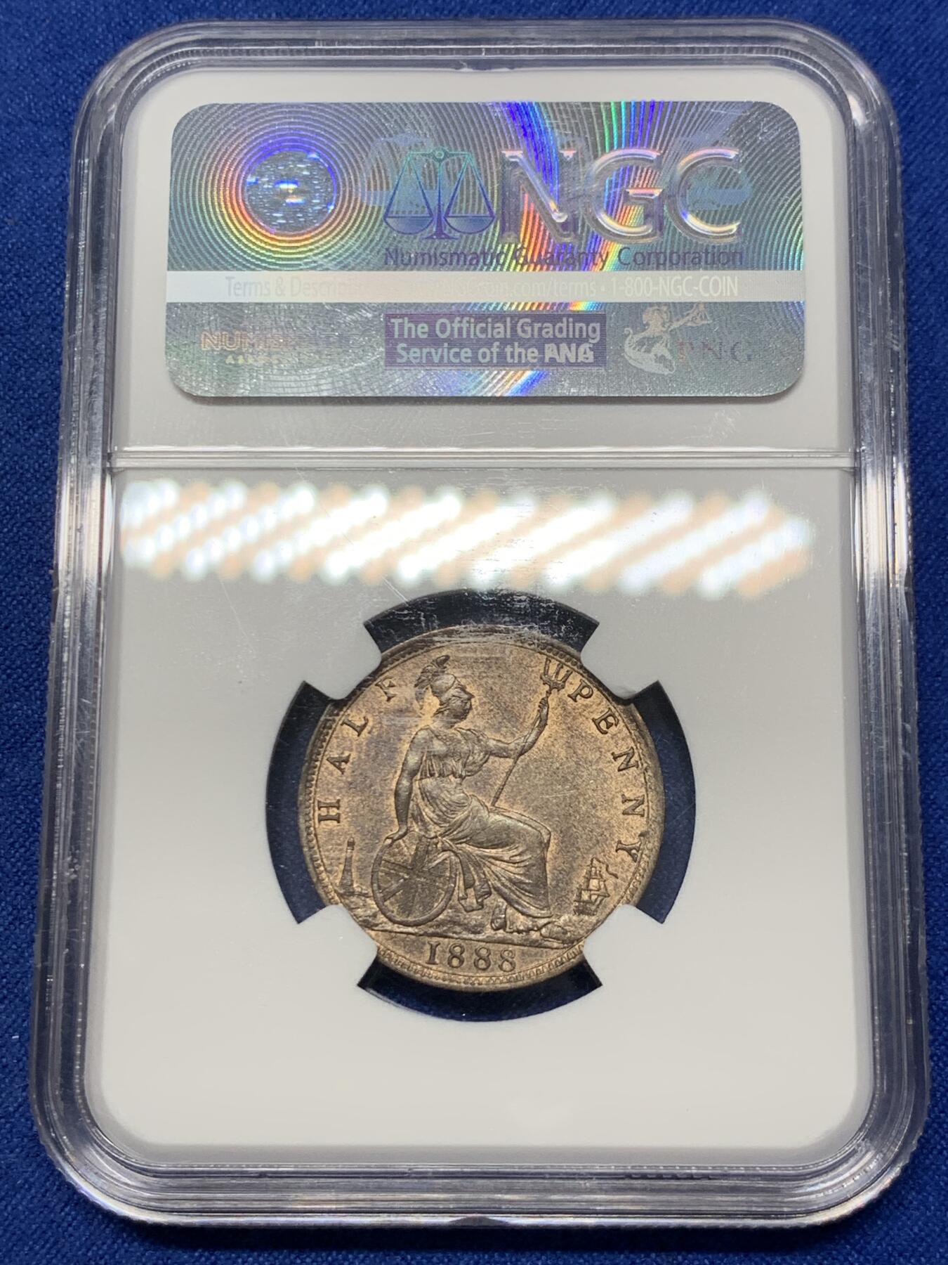 《竞宝斋》第288场-周六， 周日，周一 3场连拍 （全场包邮） NGC MS63BN 英国1888年小维半便士铜币 吉祥年份 N盒季军分 更高分只有8枚 少见铜币