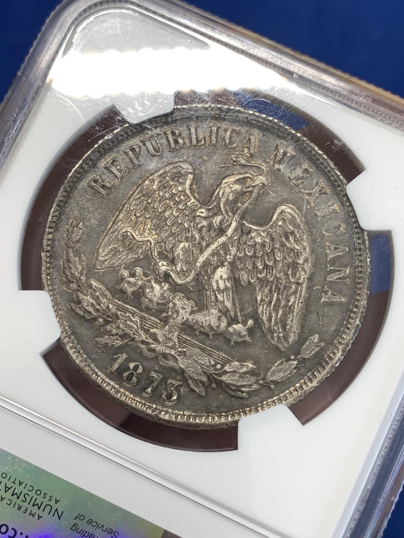 《竞宝斋》第288场-周六， 周日，周一 3场连拍 （全场包邮） NGC XF45 1873年墨西哥天平鹰洋 比较少见的年份，包浆完美，高点磨损也不多，给XF45实在是低评了