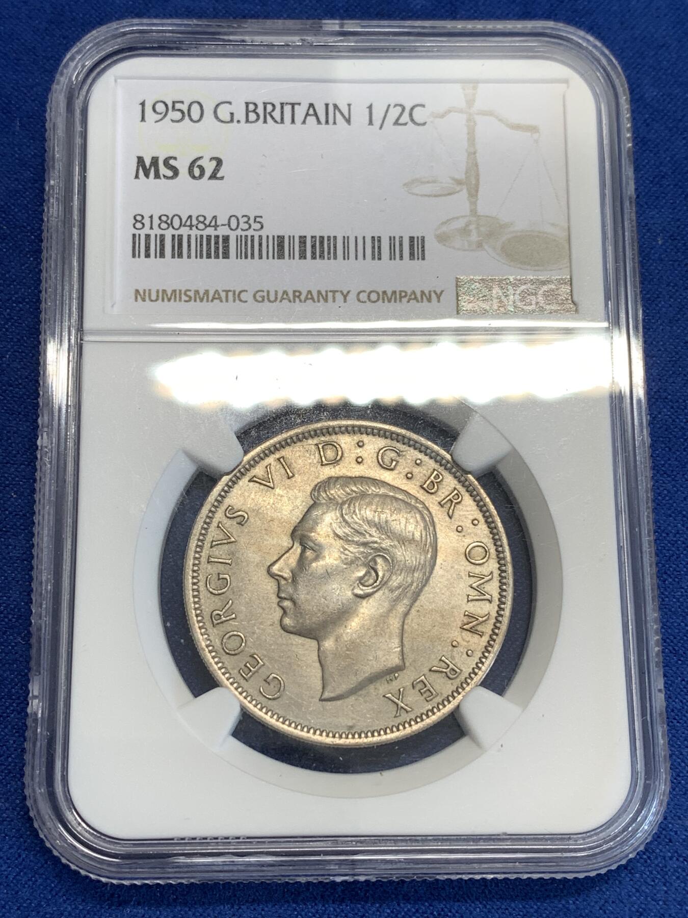 《竞宝斋》第288场-周六， 周日，周一 3场连拍 （全场包邮） NGC MS62 英国1950半克朗镍币 正反面都带转光 细节也不错 比较少见的早期英国 性价比高