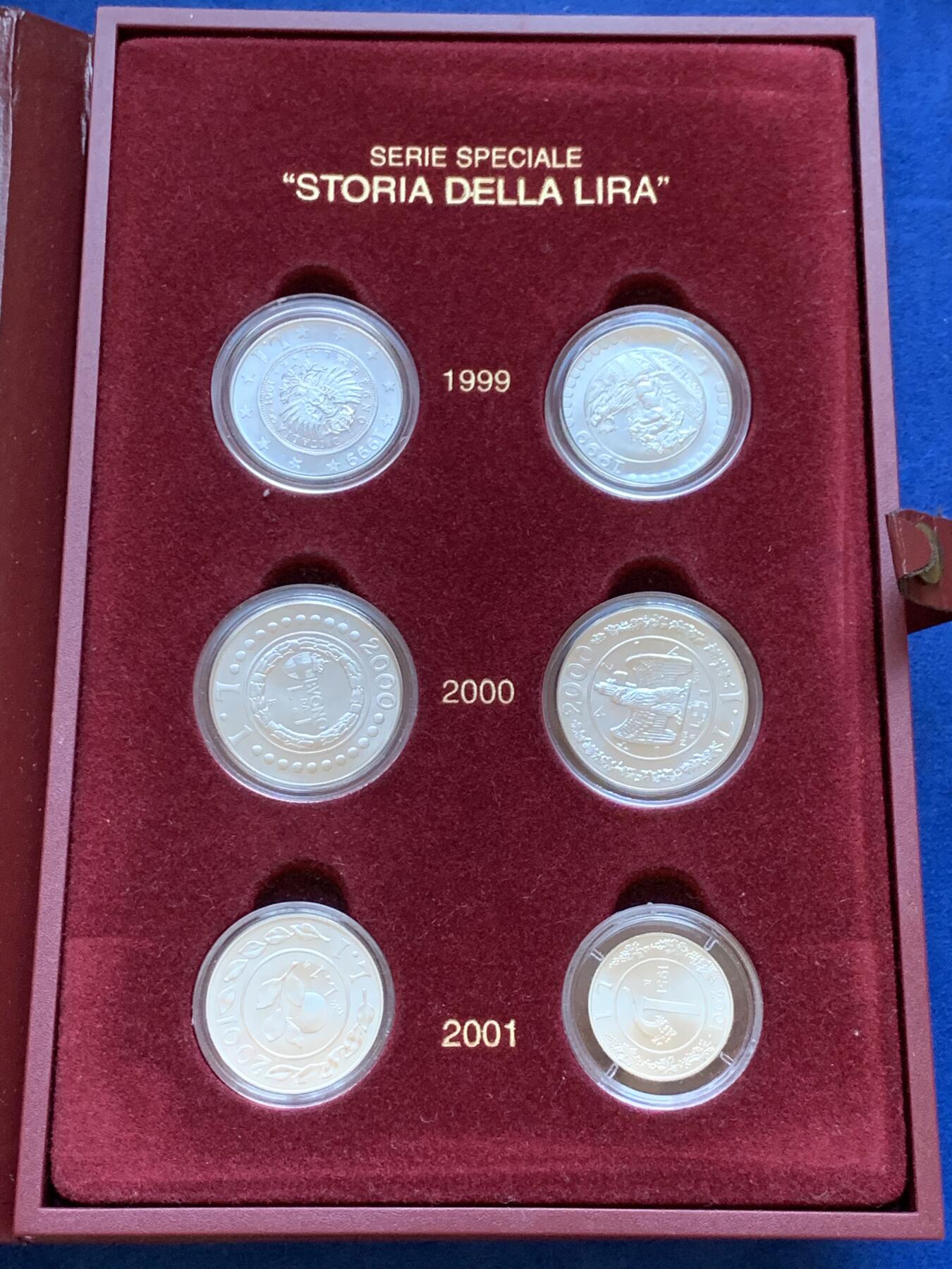 《竞宝斋》第288场-周六， 周日，周一 3场连拍 （全场包邮） 意大利6枚装纪念套币 1999年1里拉两枚+2000年1里拉两枚+2001年1里拉两枚 跨世纪 全品盒证全