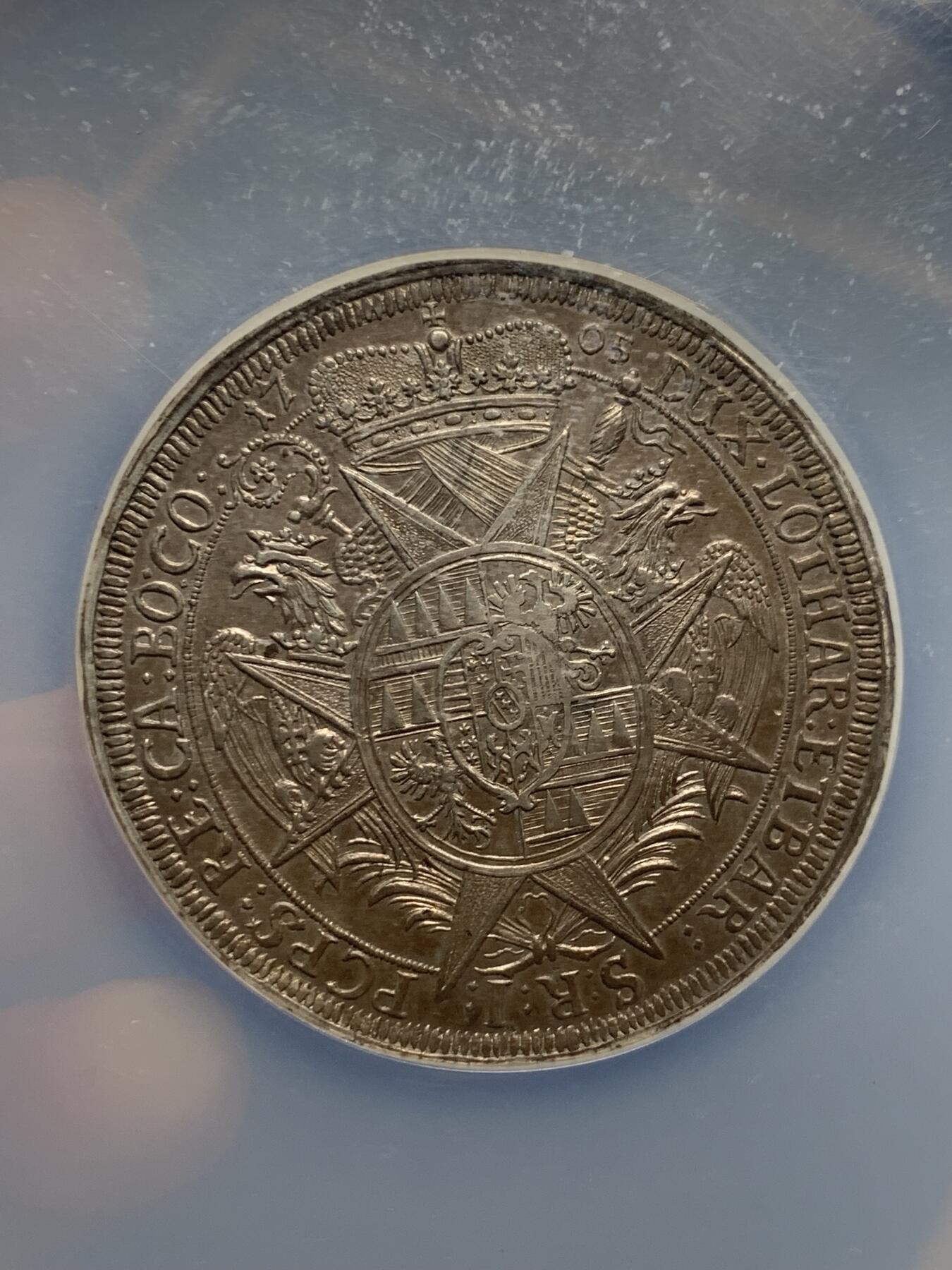 《竞宝斋》第288场-周六， 周日，周一 3场连拍 （全场包邮） NGC AUD 波西米亚王国1705奥洛穆茨主教区 泰勒大银币 细节很不错  大盒封装