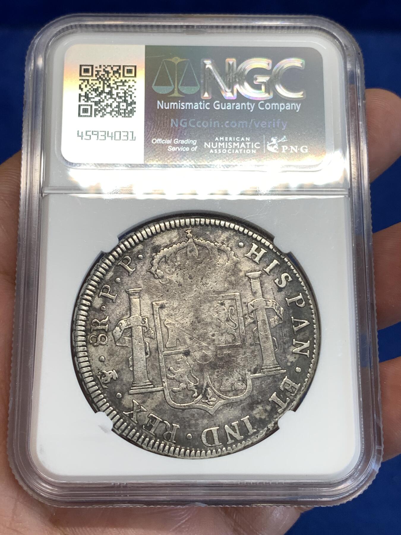 《竞宝斋》第288场-周六， 周日，周一 3场连拍 （全场包邮） NGC VFD 玻利维亚1795年卡四双柱 大直径 无戳美品