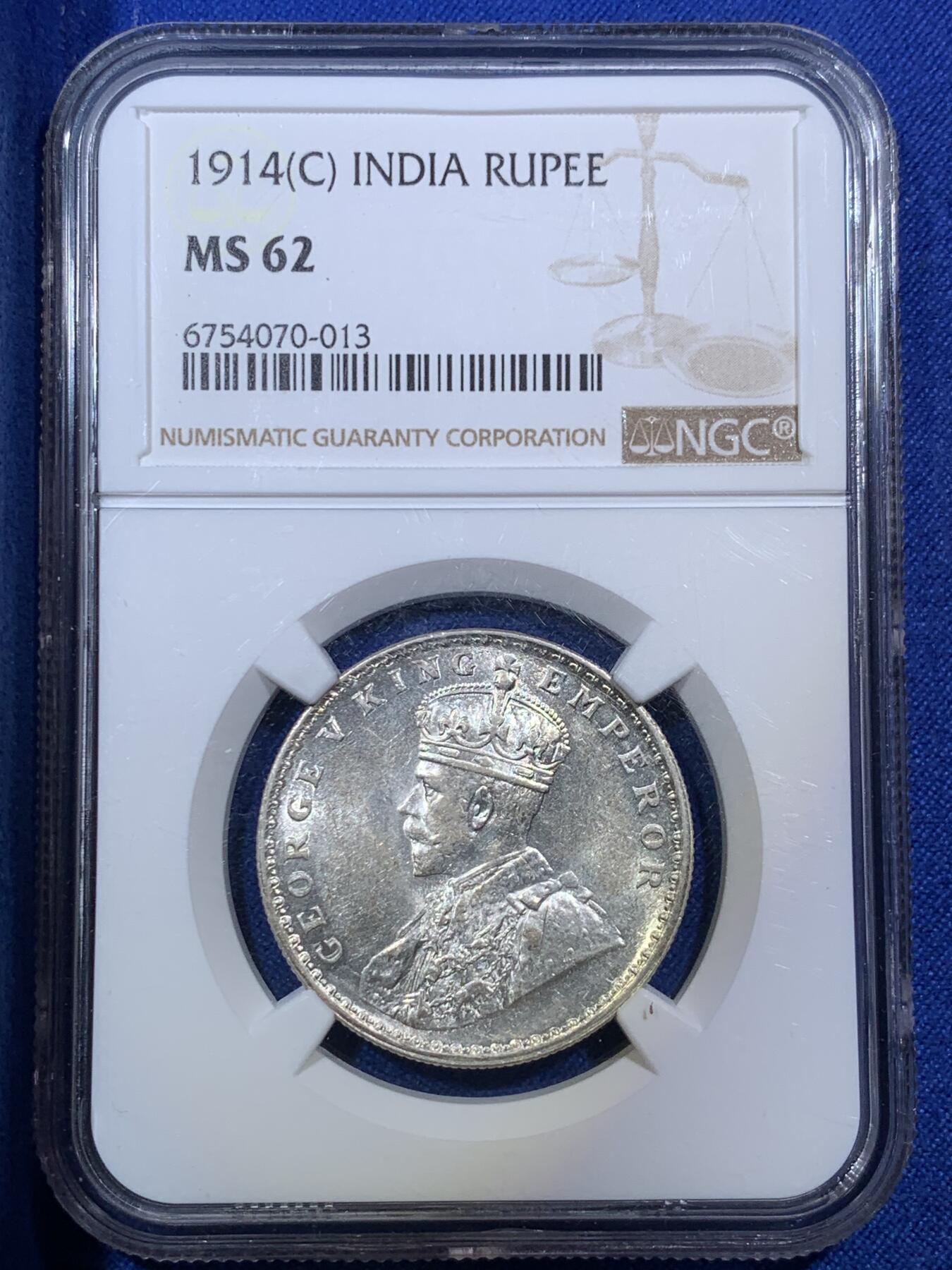 《竞宝斋》第288场-周六， 周日，周一 3场连拍 （全场包邮） NGC MS62 英属印度1914乔五卢比银币