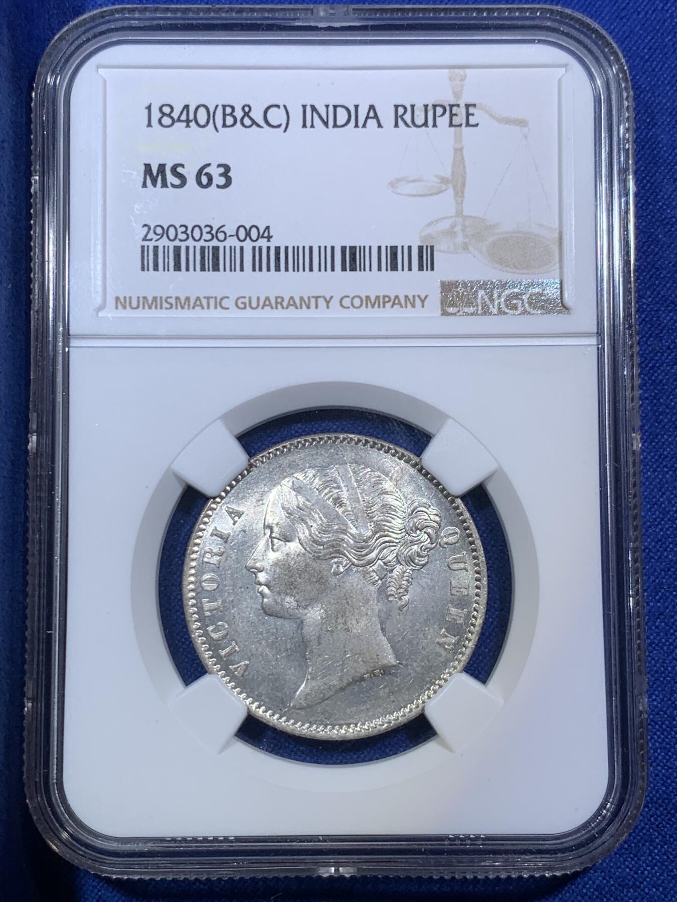 《竞宝斋》第288场-周六， 周日，周一 3场连拍 （全场包邮） NGC MS63 英属印度 1840（B&C） 1卢比 银币