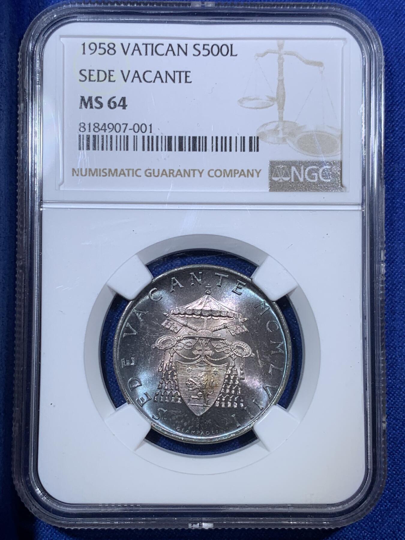 《竞宝斋》第288场-周六， 周日，周一 3场连拍 （全场包邮） NGC MS64 梵蒂冈1958年教皇缺位500里拉银币