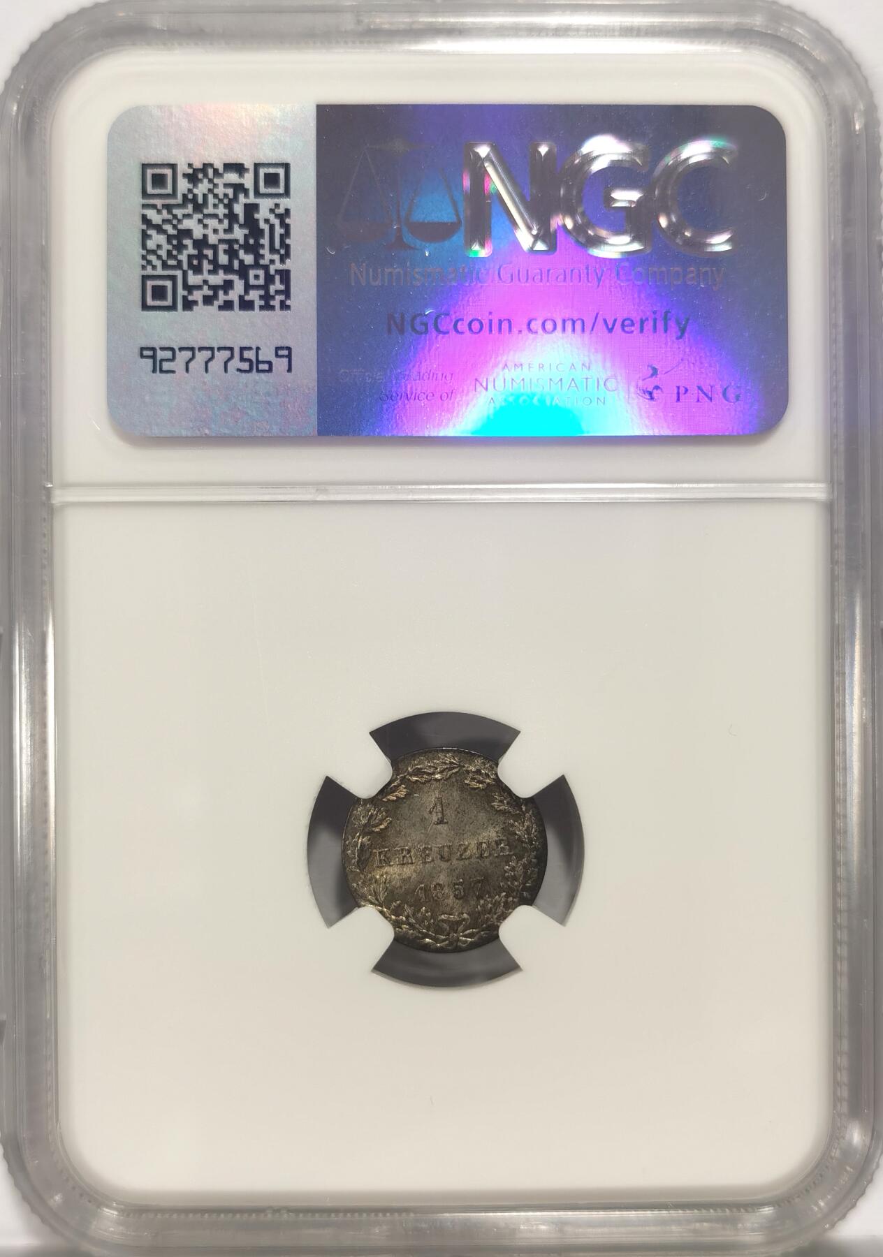博洋堂世界钱币拍卖第084期（全场包邮） NGC MS65 冠军分！德国法兰克福1857年1克鲁泽小银币