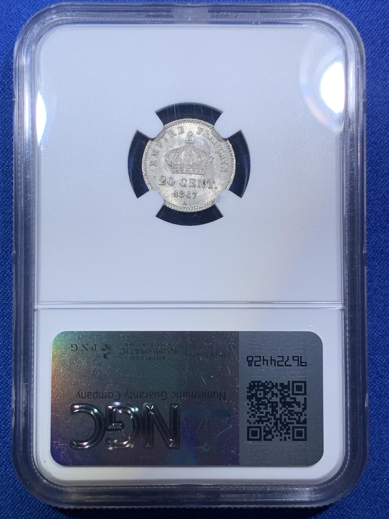 《竞宝斋》第288场-周六， 周日，周一 3场连拍 （全场包邮） NGC MS63 法国1867年拿破仑三世20分银币