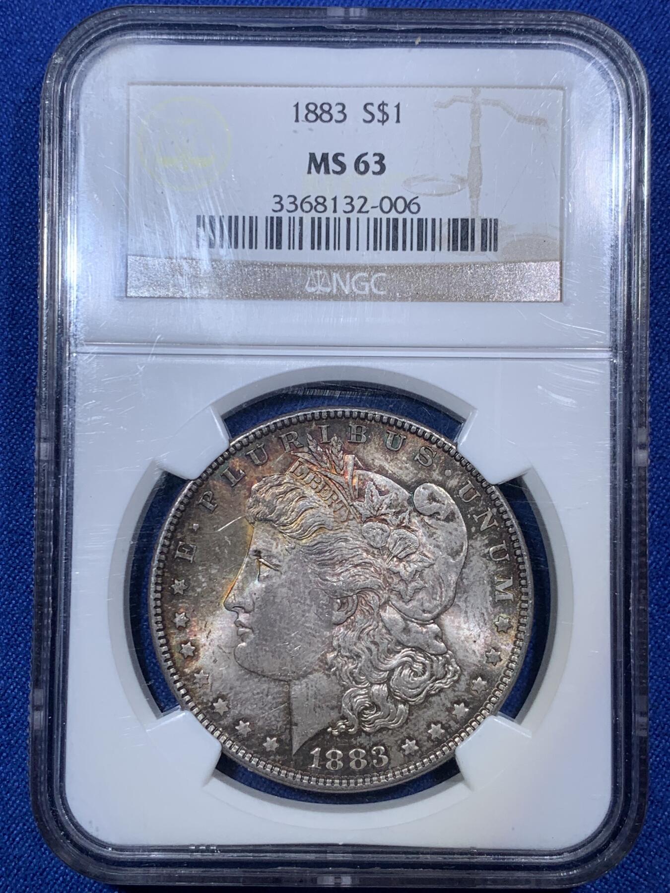 《竞宝斋》第288场-周六， 周日，周一 3场连拍 （全场包邮） NGC MS63 美国1883年老盒摩根 浓郁色彩