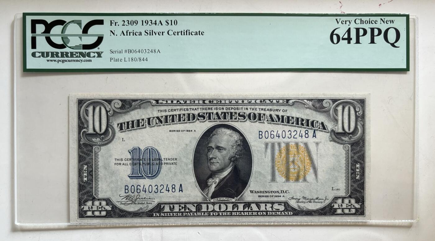 Chase Auction 第30期 - - 外钞、民国钞和人民币混合场！ 1934A版 10美元 二战北非券（银币券底板 黄色库印）PCGS评级64PPQ