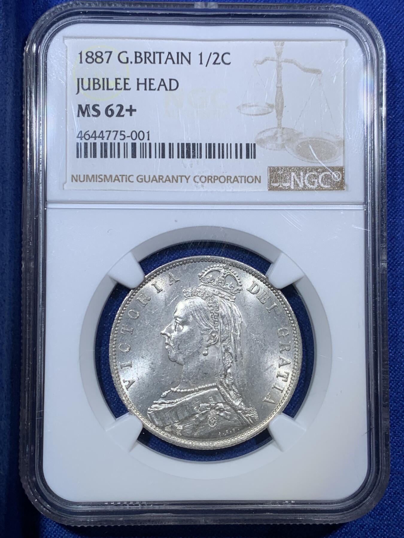 《竞宝斋》第288场-周六， 周日，周一 3场连拍 （全场包邮） NGC MS62+ 英国1887年维多利亚高冠半克朗银币 底板清爽带银霜 背面63分的品质