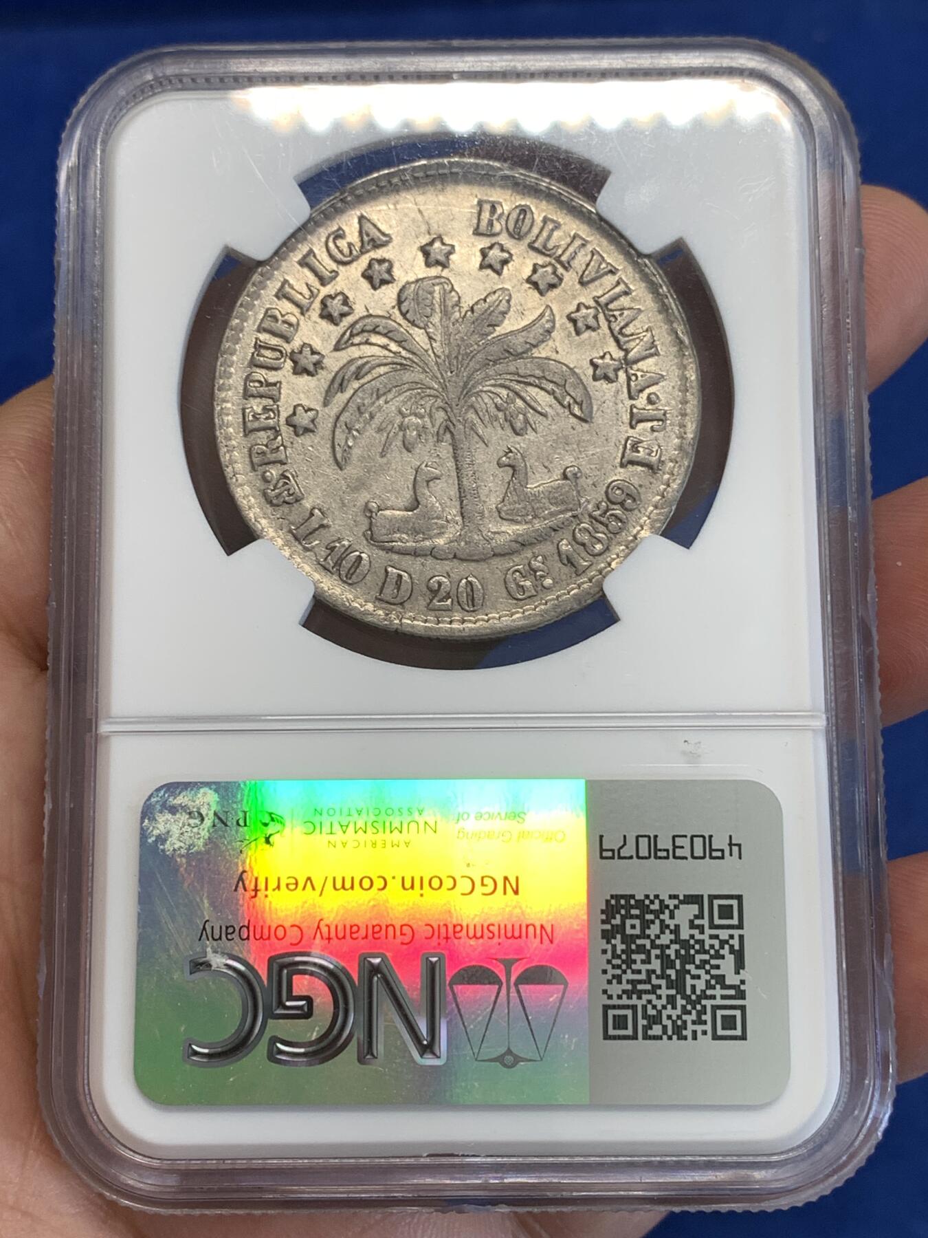 《竞宝斋》第288场-周六， 周日，周一 3场连拍 （全场包邮） NGC XF45 玻利维亚1859年玻利瓦尔头像8索尔银币