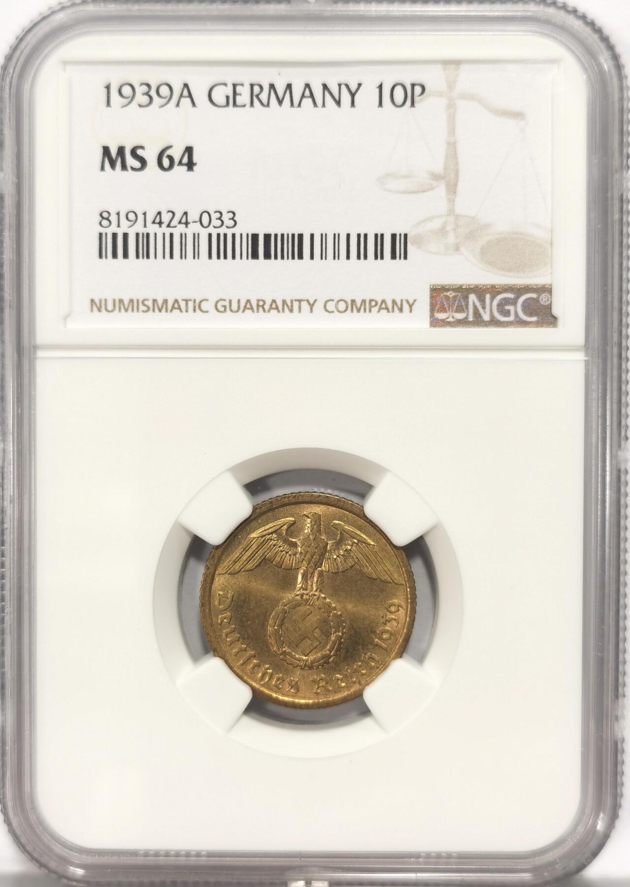博洋堂世界钱币拍卖第084期（全场包邮） NGC MS64 德国第三帝国1939年A版10芬尼铜币