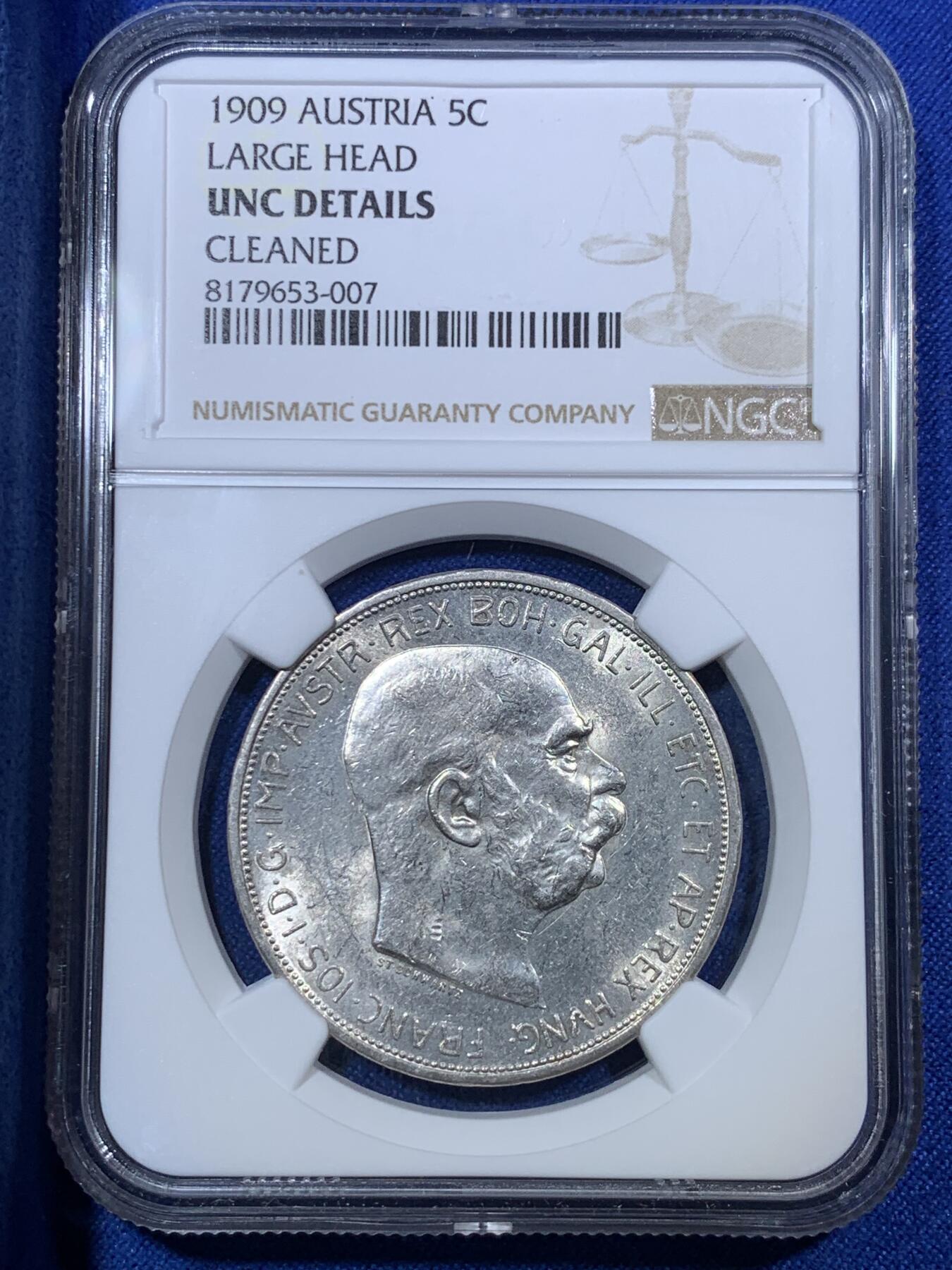 《竞宝斋》第288场-周六， 周日，周一 3场连拍 （全场包邮） NGC UNC 奥地利1909大头版5克朗银币 正面有少许清洗痕迹 背面银光全细节