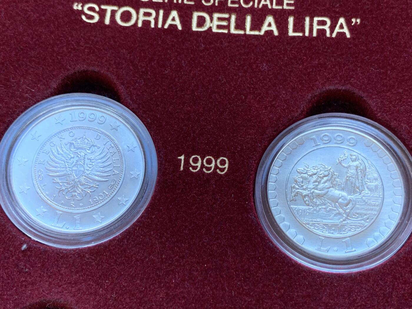 《竞宝斋》第288场-周六， 周日，周一 3场连拍 （全场包邮） 意大利6枚装纪念套币 1999年1里拉两枚+2000年1里拉两枚+2001年1里拉两枚 跨世纪 全品盒证全