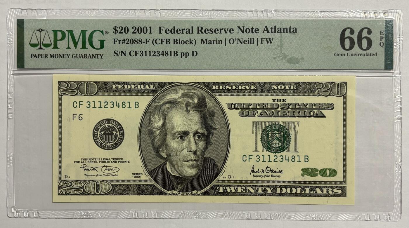 Chase Auction 第30期 - - 外钞、民国钞和人民币混合场！ 2001年 20美元 联邦储备券 大头版 PMG评级66EPQ