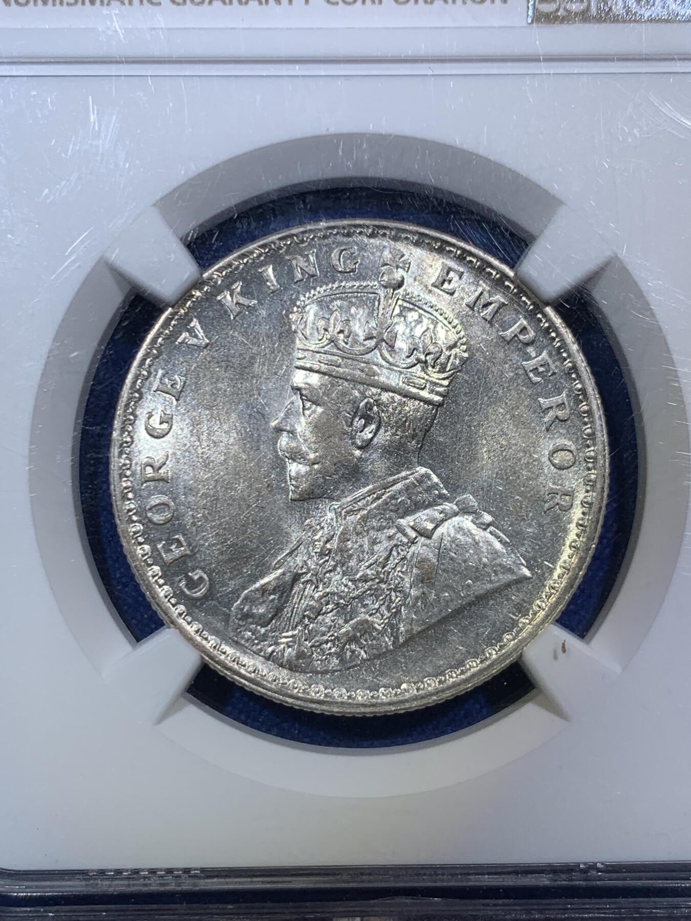 《竞宝斋》第288场-周六， 周日，周一 3场连拍 （全场包邮） NGC MS62 英属印度1914乔五卢比银币