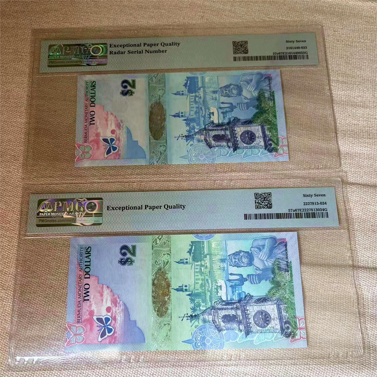 【Blue Auction】✨世界纸币精拍第502期【精】 【一组2张 获奖钞 洋葱冠无47 及倒置号】百慕大 2009年2元 蓝鸟 PMG67EPQ 