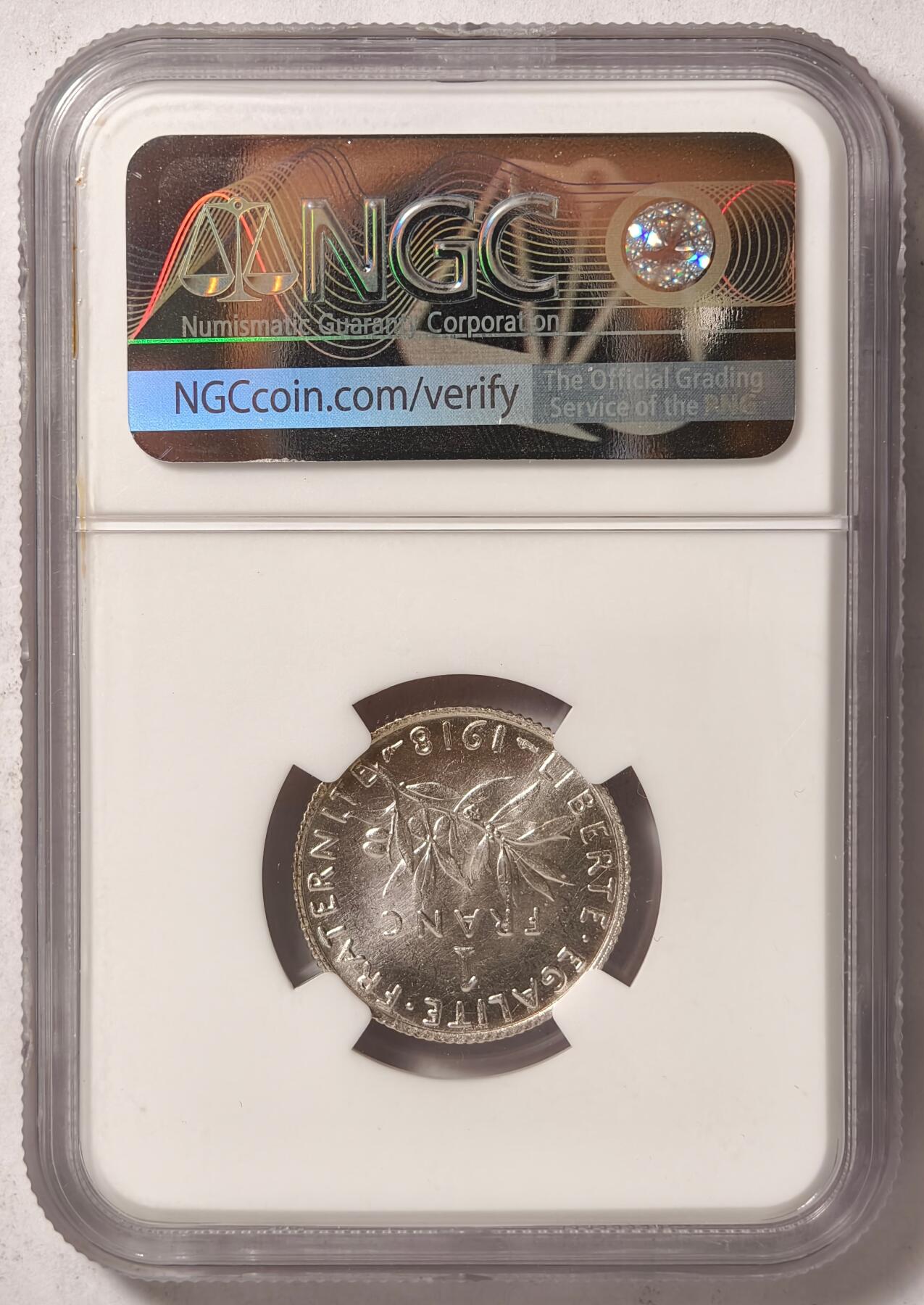 紫瑗钱币——第384期拍卖 法国 1918年 播种女神 1法郎 银币 NGC MS62