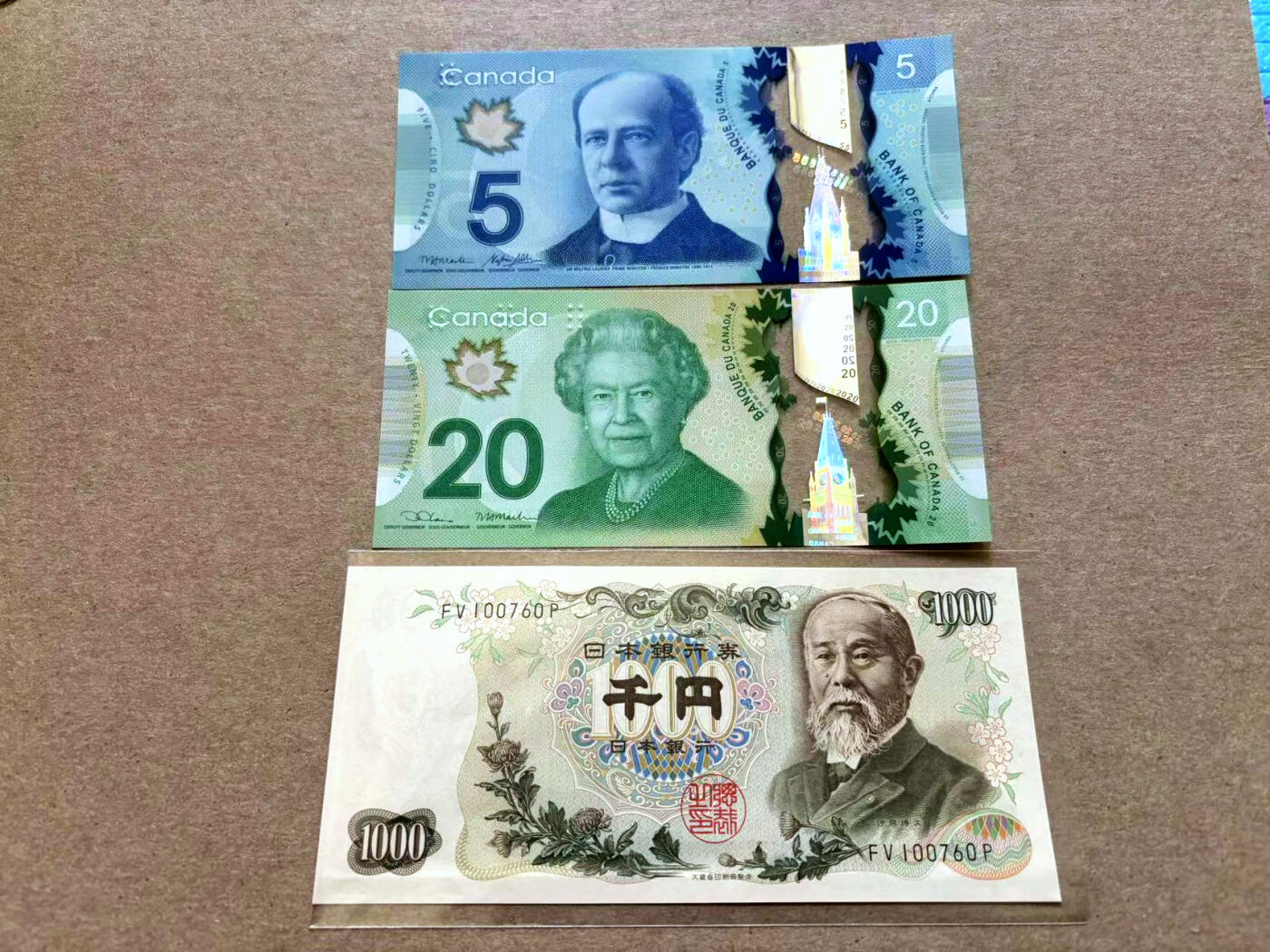 【Blue Auction】✨世界纸币精拍第502期【精】 【一组3张 含无47】日本 1000元、加拿大5-20元 塑料钞一组 全新UNC