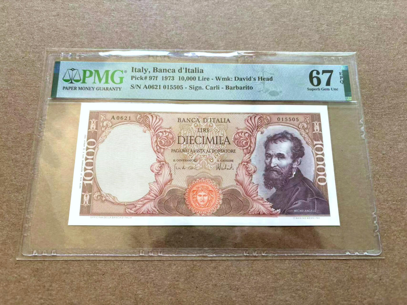 【Blue Auction】✨世界纸币精拍第502期【精】 【无47】意大利 1973年10000里拉 米开朗基罗 PMG67EPQ 高分