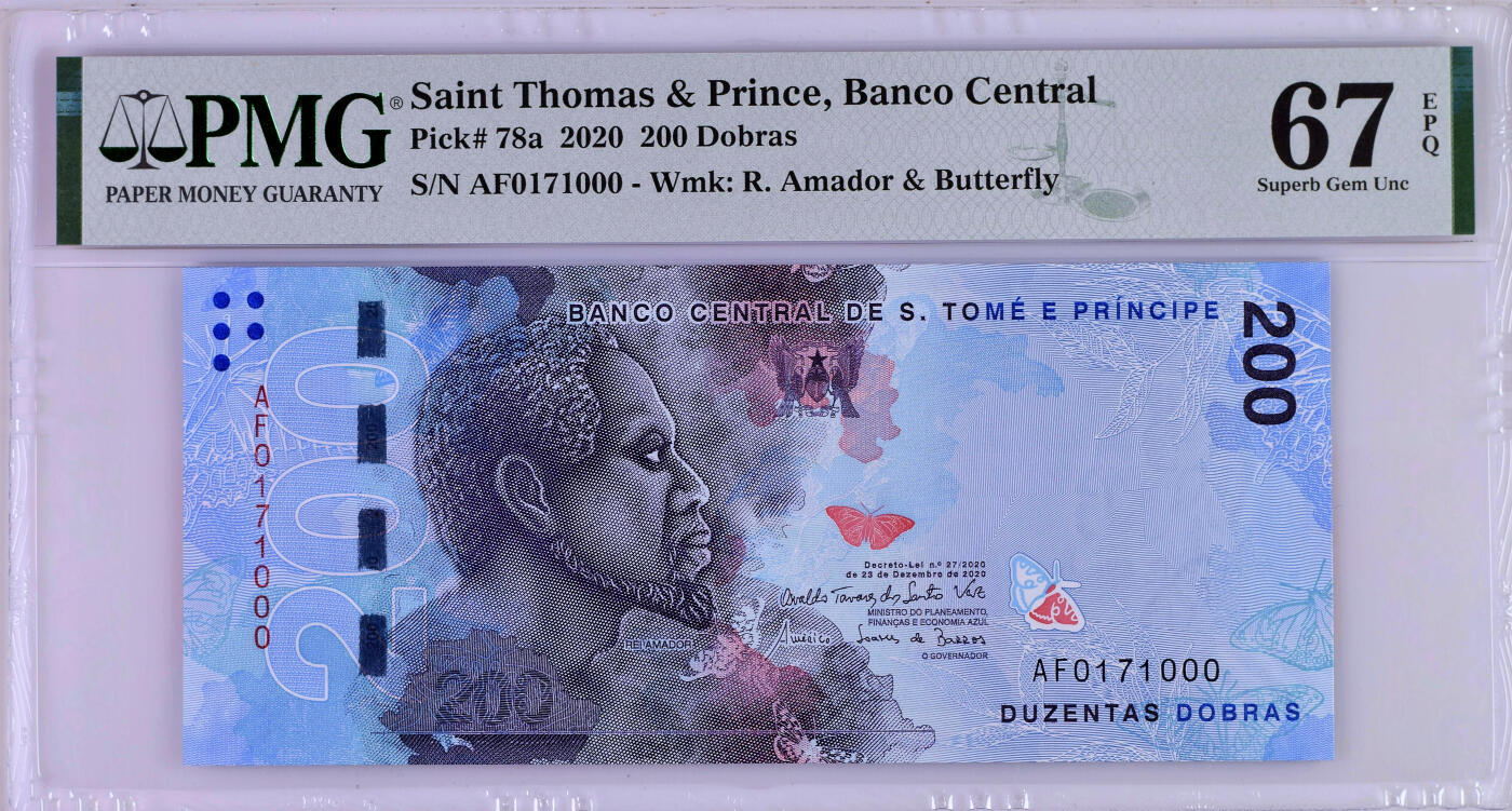 【Blue Auction】✨世界纸币精拍第502期【精】 【000豹子号 AF首发冠】圣多美和普林西比 2020年200多布拉 PMG67EPQ 高分