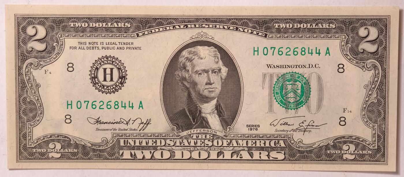紫瑗钱币——第381期拍卖——纸币场 【双尾4】美国 1976年 H版 无序列 托马斯.杰斐逊 2美元 UNC
