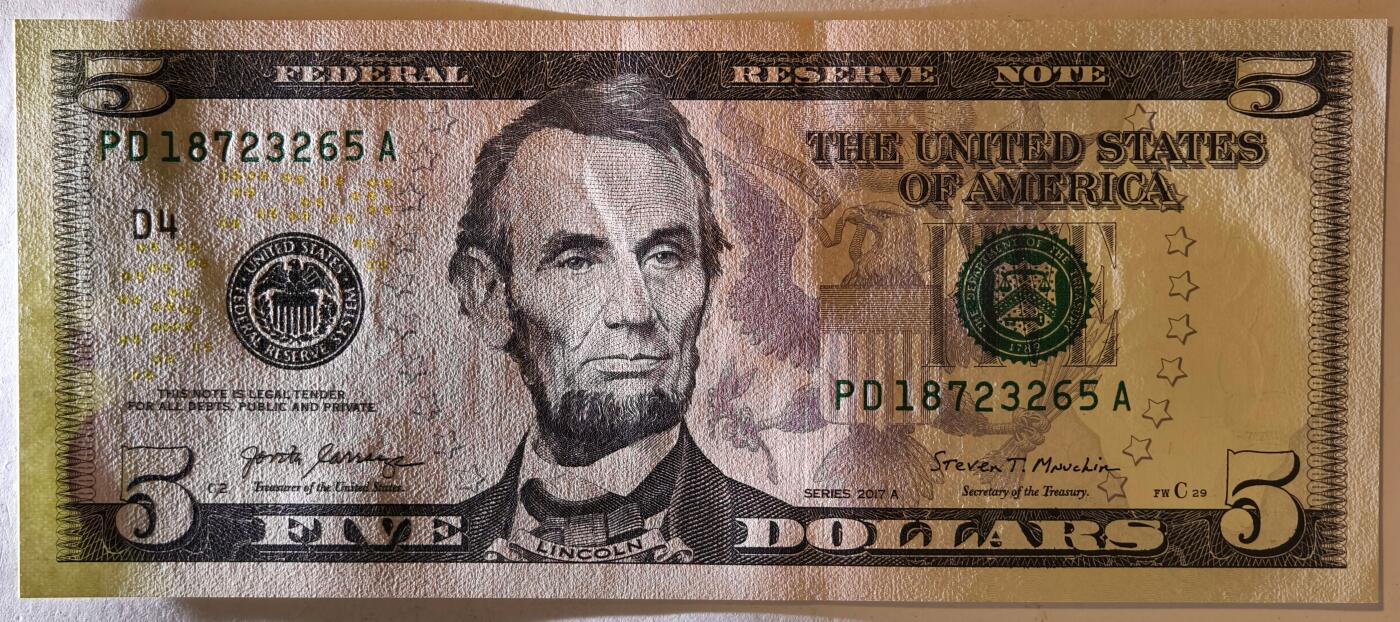 紫瑗钱币——第381期拍卖——纸币场 美国 2017 D版 A序列 亚伯拉罕·林肯 5美元 彩色版 UNC