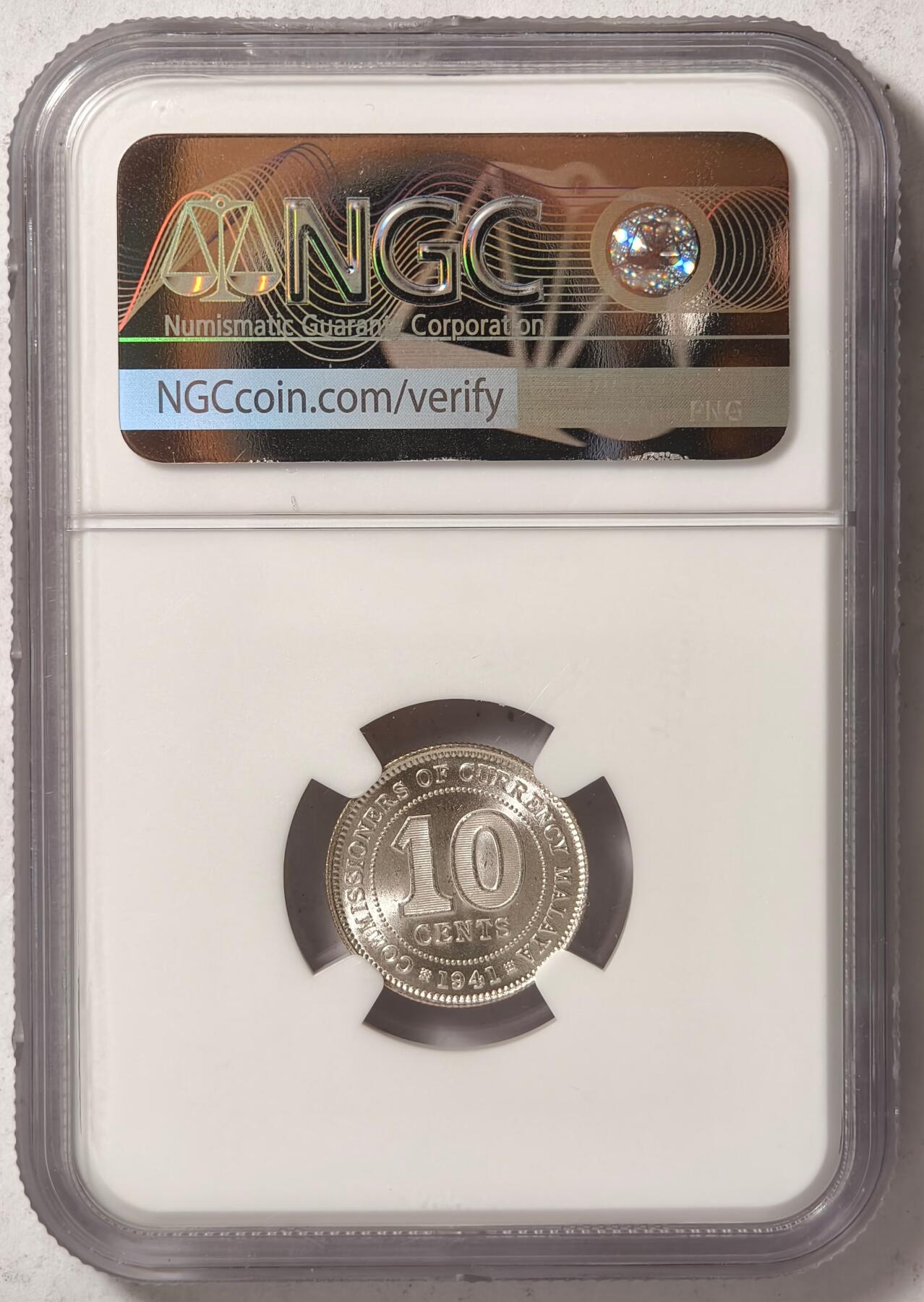 紫瑗钱币——第420期 马来亚 1941年 乔治六世 10分 银币 NGC MS64